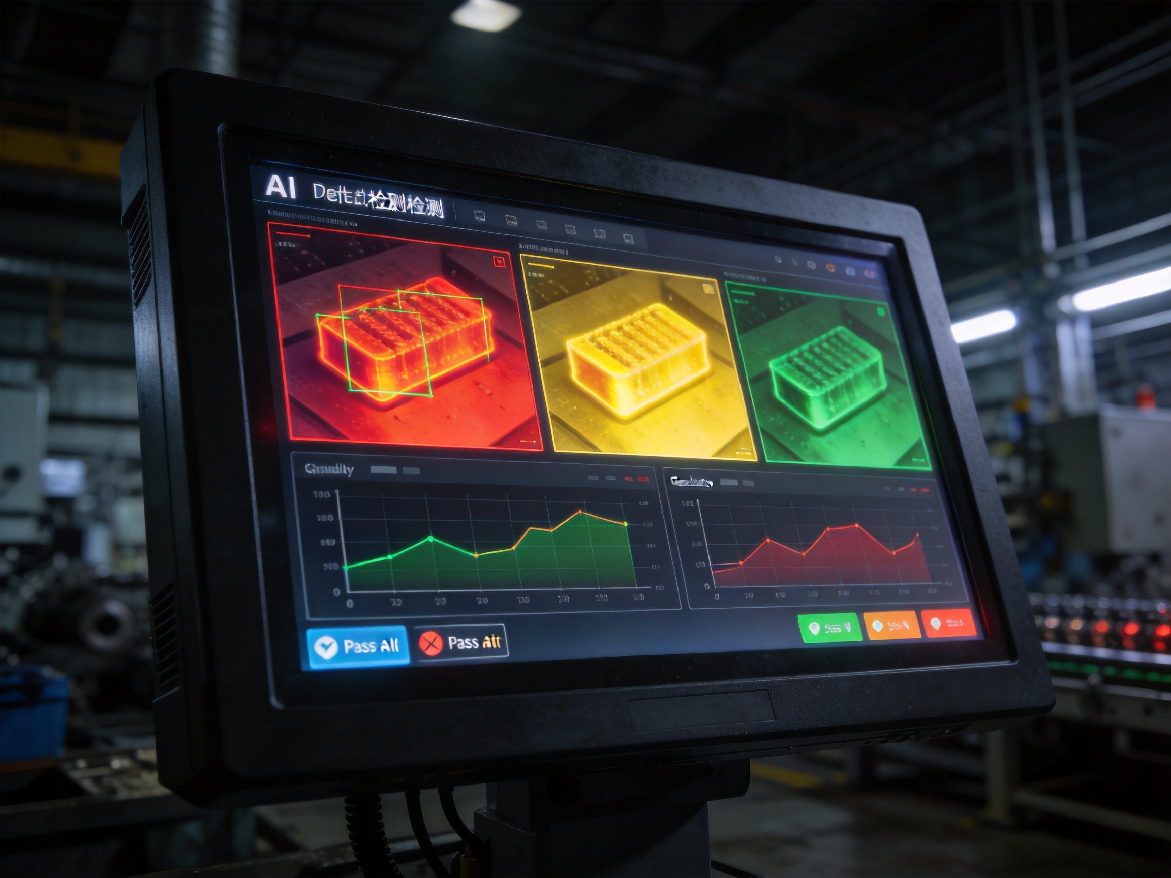 Close-up of an industrial panel PC screen showing AI-powered defect detection results with heat maps overlaid on product images, quality trend charts visible