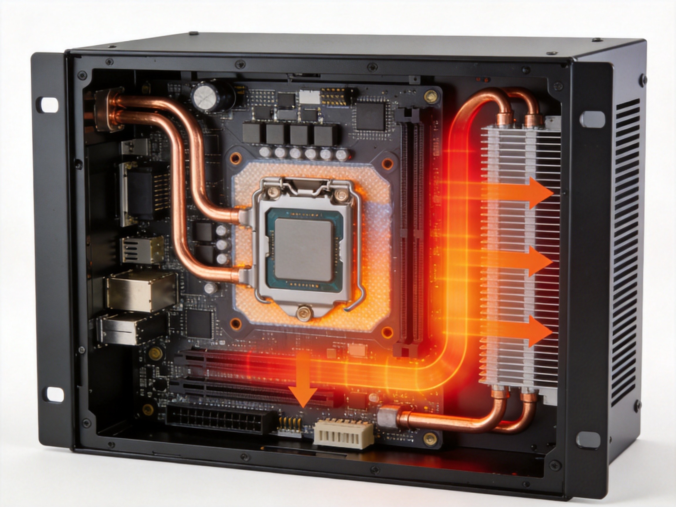 Cutaway diagram of a sealed industrial panel PC showing internal heat pipe routing, fin stack, thermal interface materials between CPU and heatsink, and heat flow arrows