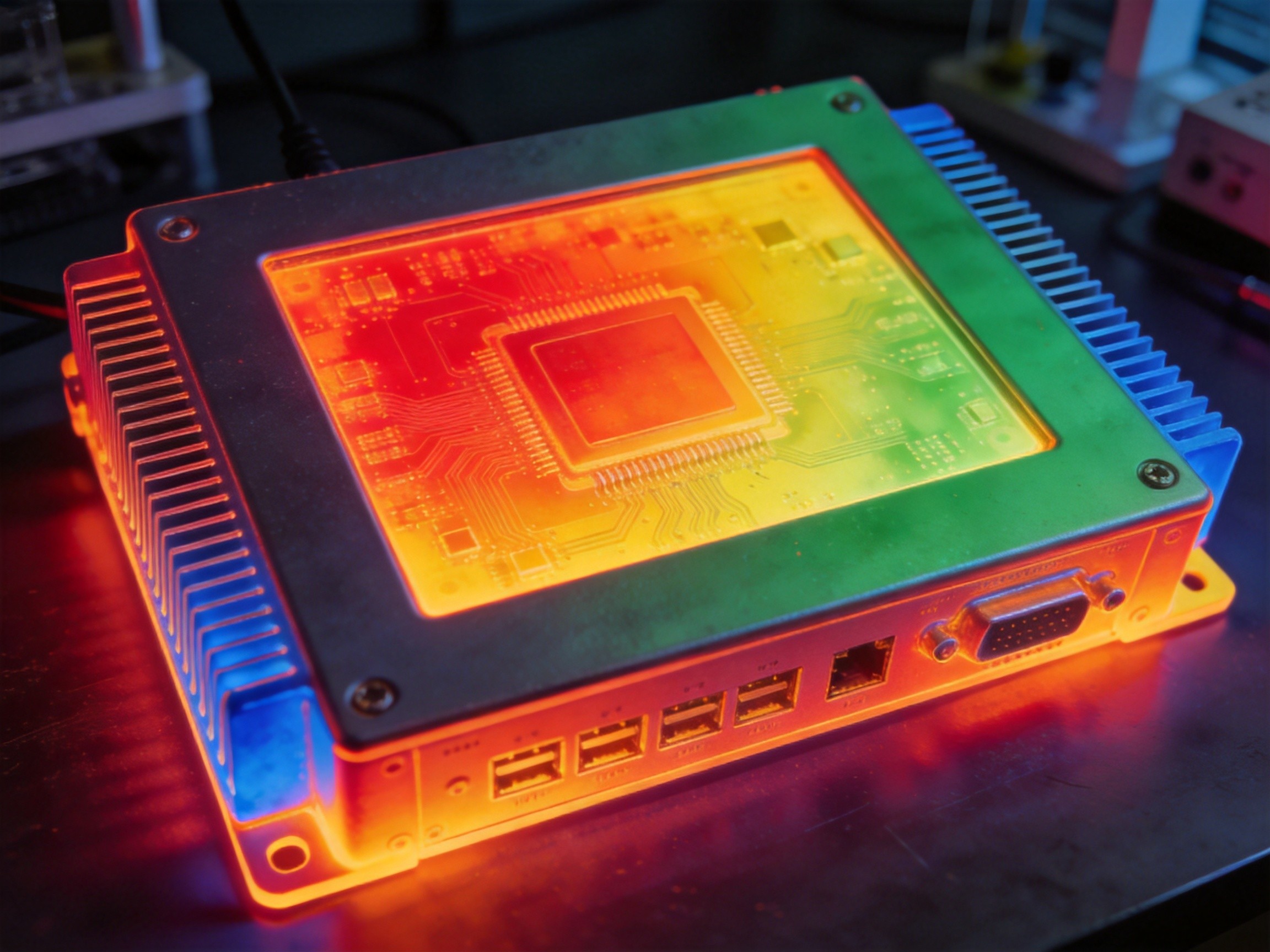 Thermal imaging camera view of an industrial panel PC in operation, showing heat distribution across the chassis with hot spots around the processor and even dissipation through the finned rear panel