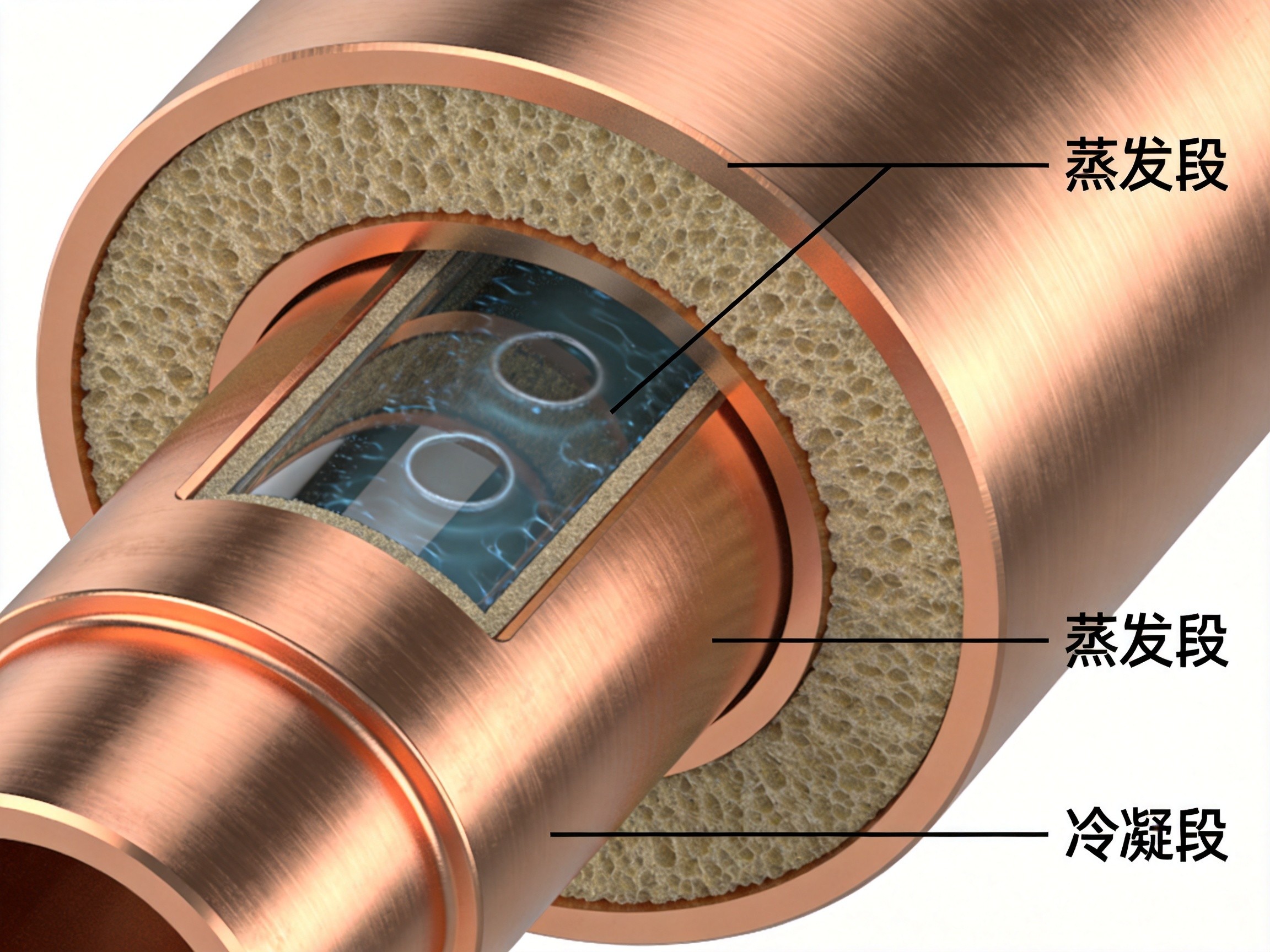 Engineering cross-section of a heat pipe showing internal wick structure, vapor cavity, and working fluid distribution, with labels for evaporator and condenser sections