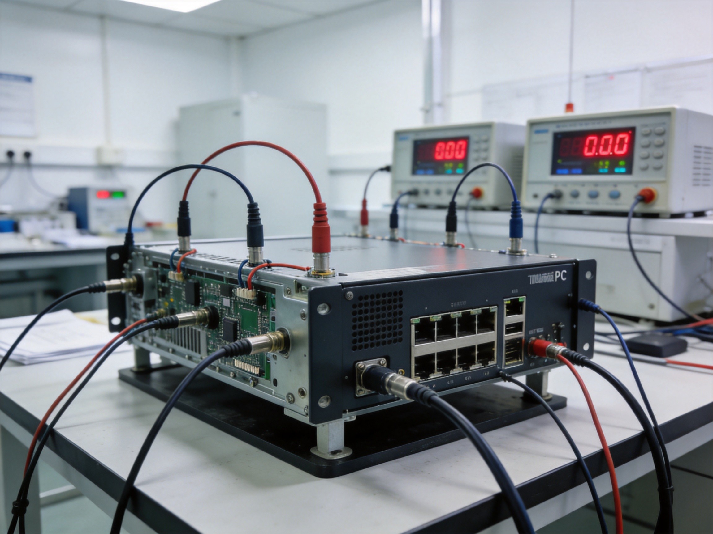 Industrial panel PC undergoing thermal testing in a lab environment with thermal probes attached, surrounded by test equipment monitoring temperature at multiple internal points