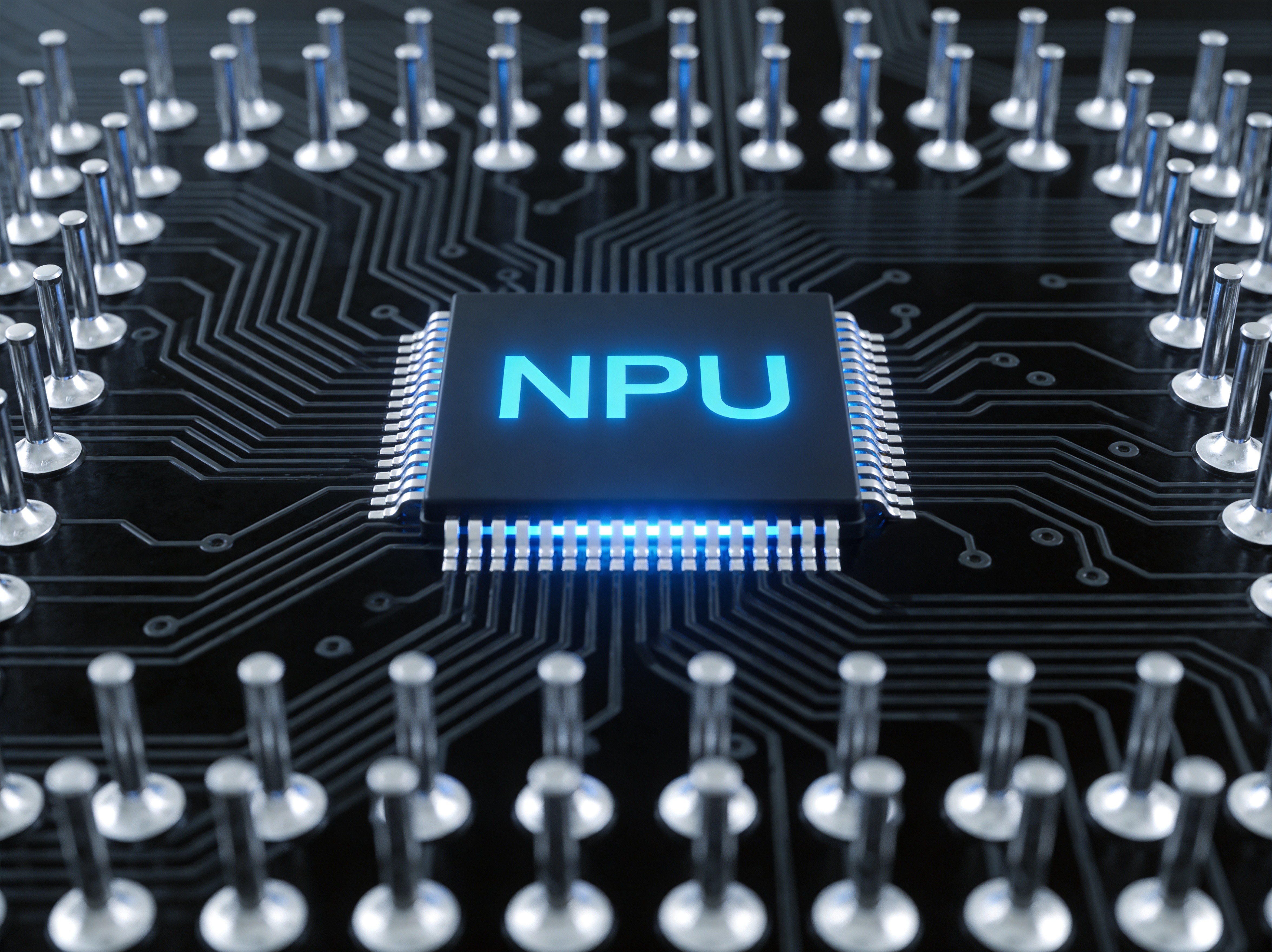 Cutaway diagram showing advanced AI processor silicon architecture integrated into an industrial panel PC motherboard with NPU accelerator highlighted