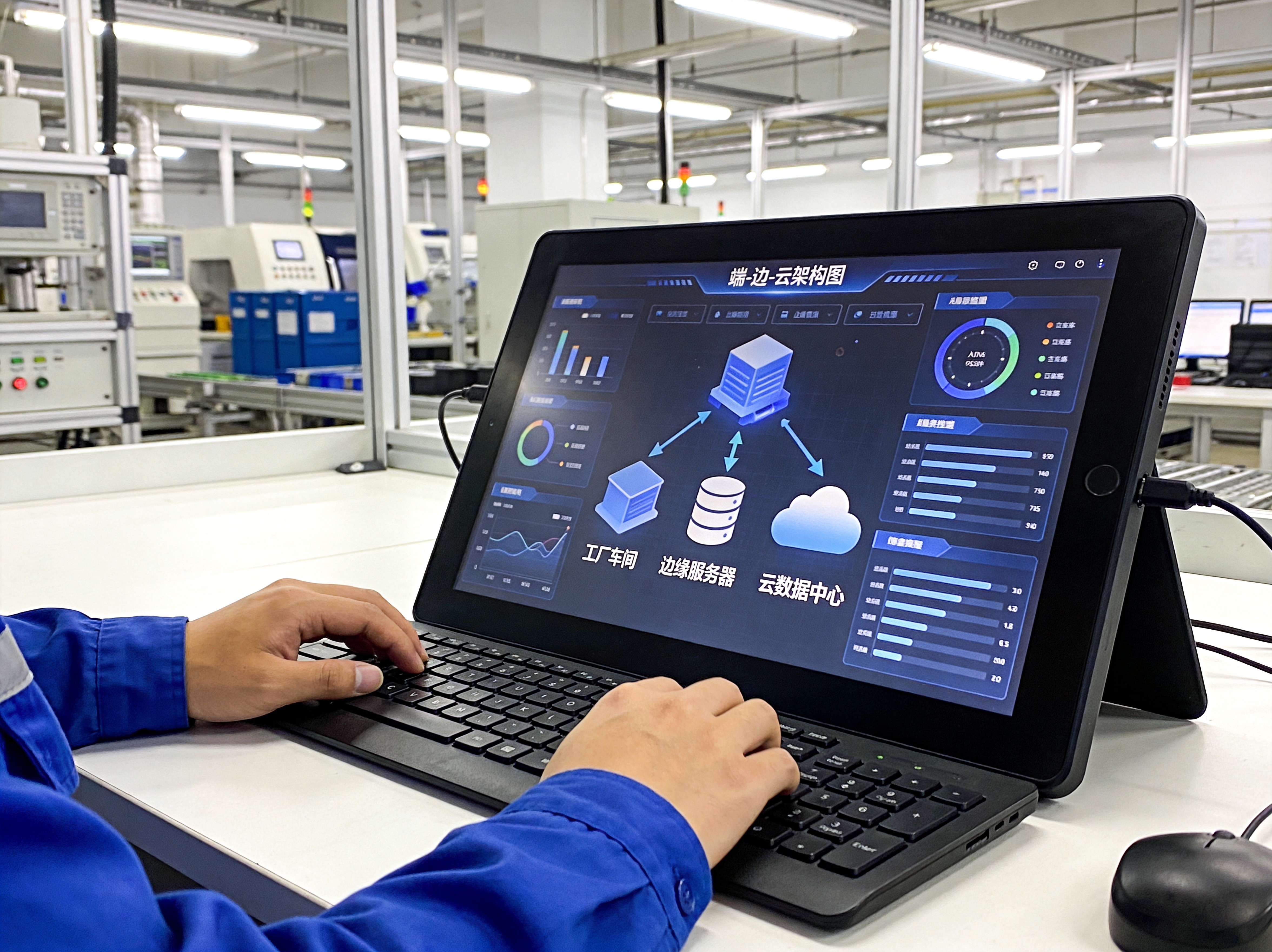 Industrial panel PC mounted on a factory workstation displaying real-time AI inference results with defect detection overlays on a production line