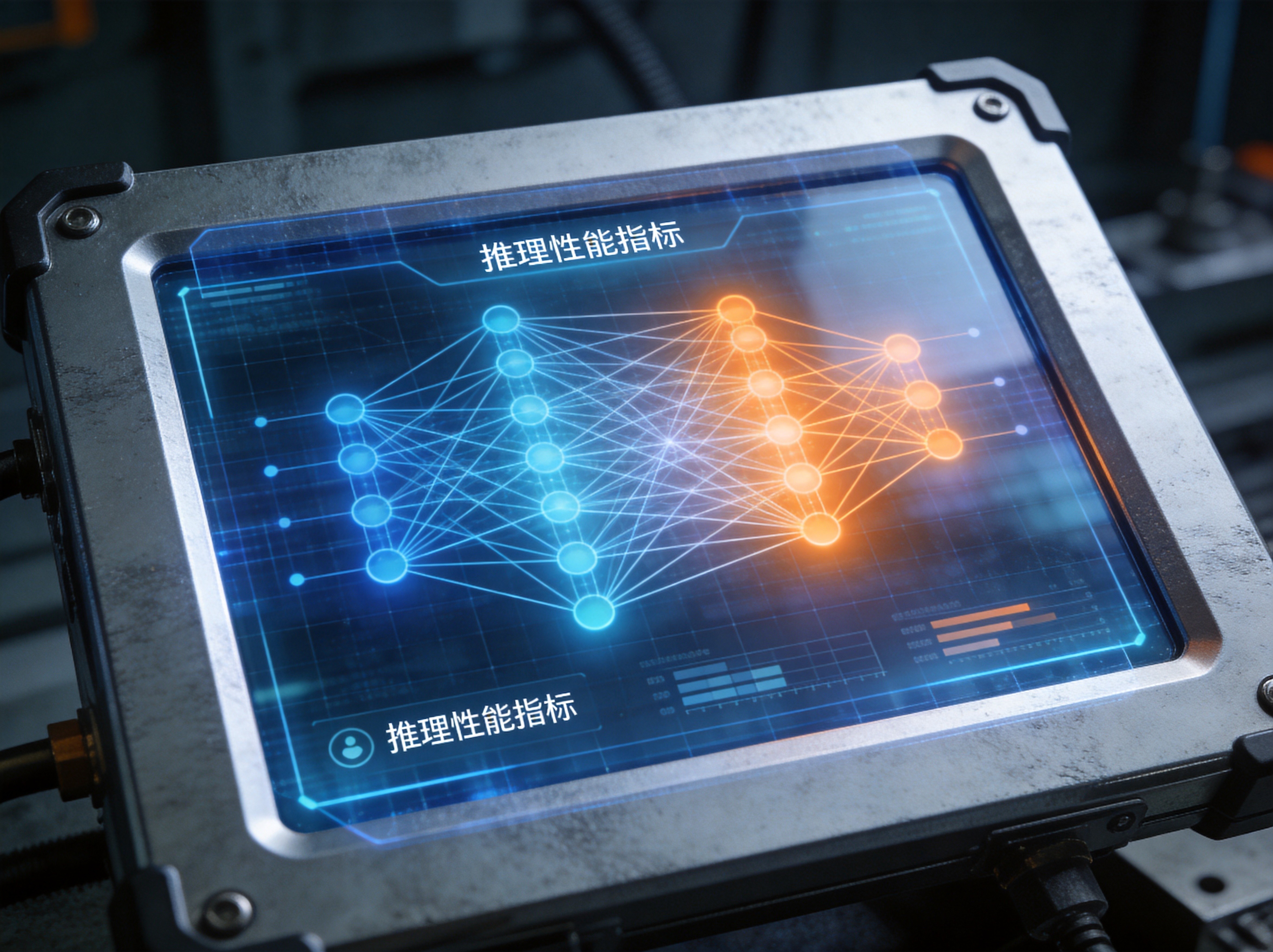 Close-up view of a rugged industrial panel PC with a transparent overlay showing neural network processing pathways and inference performance metrics