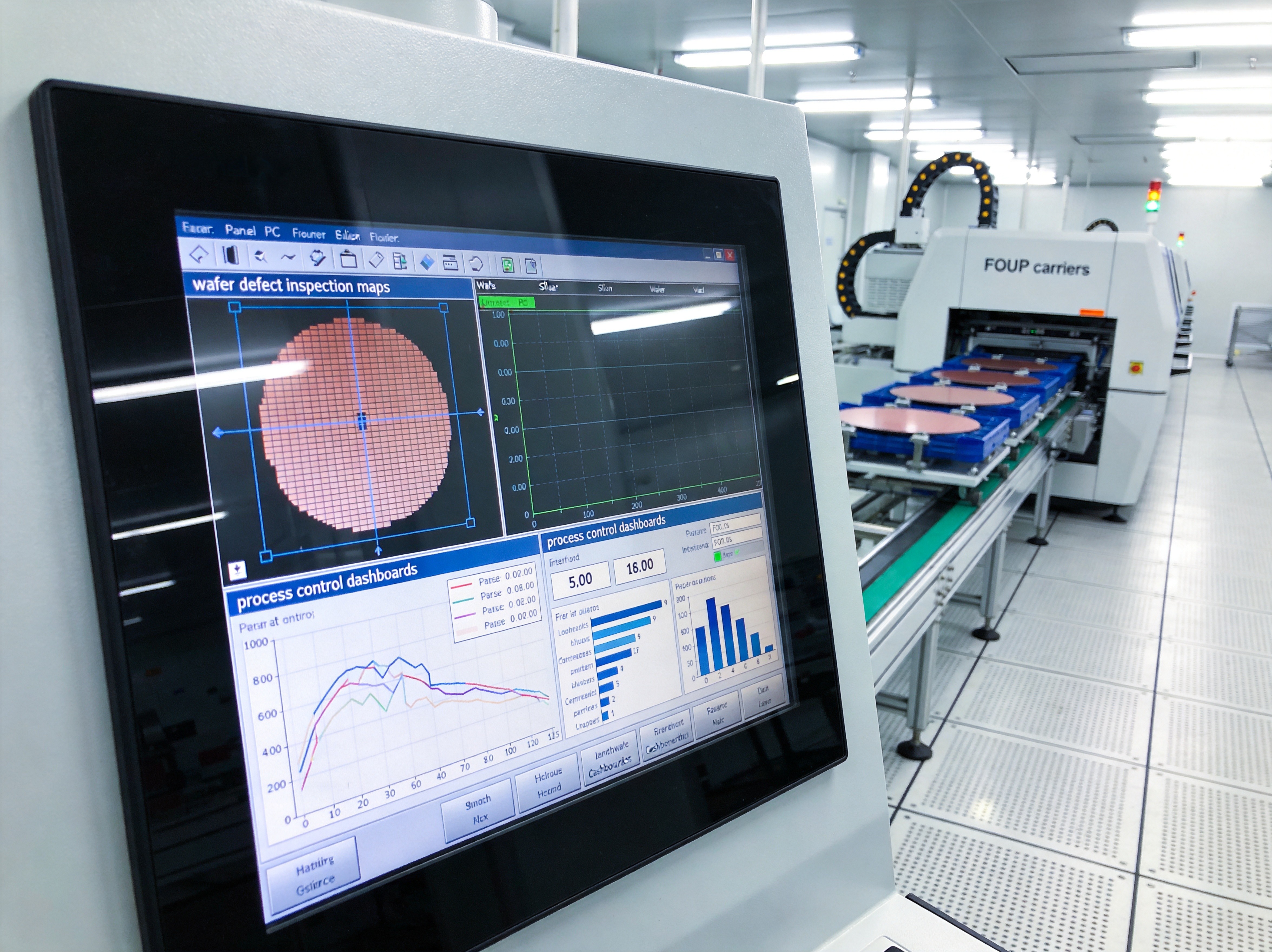 A panel PC displaying wafer defect inspection data and process control dashboards at a semiconductor fab workstation, with silicon wafers in FOUP carriers in background
