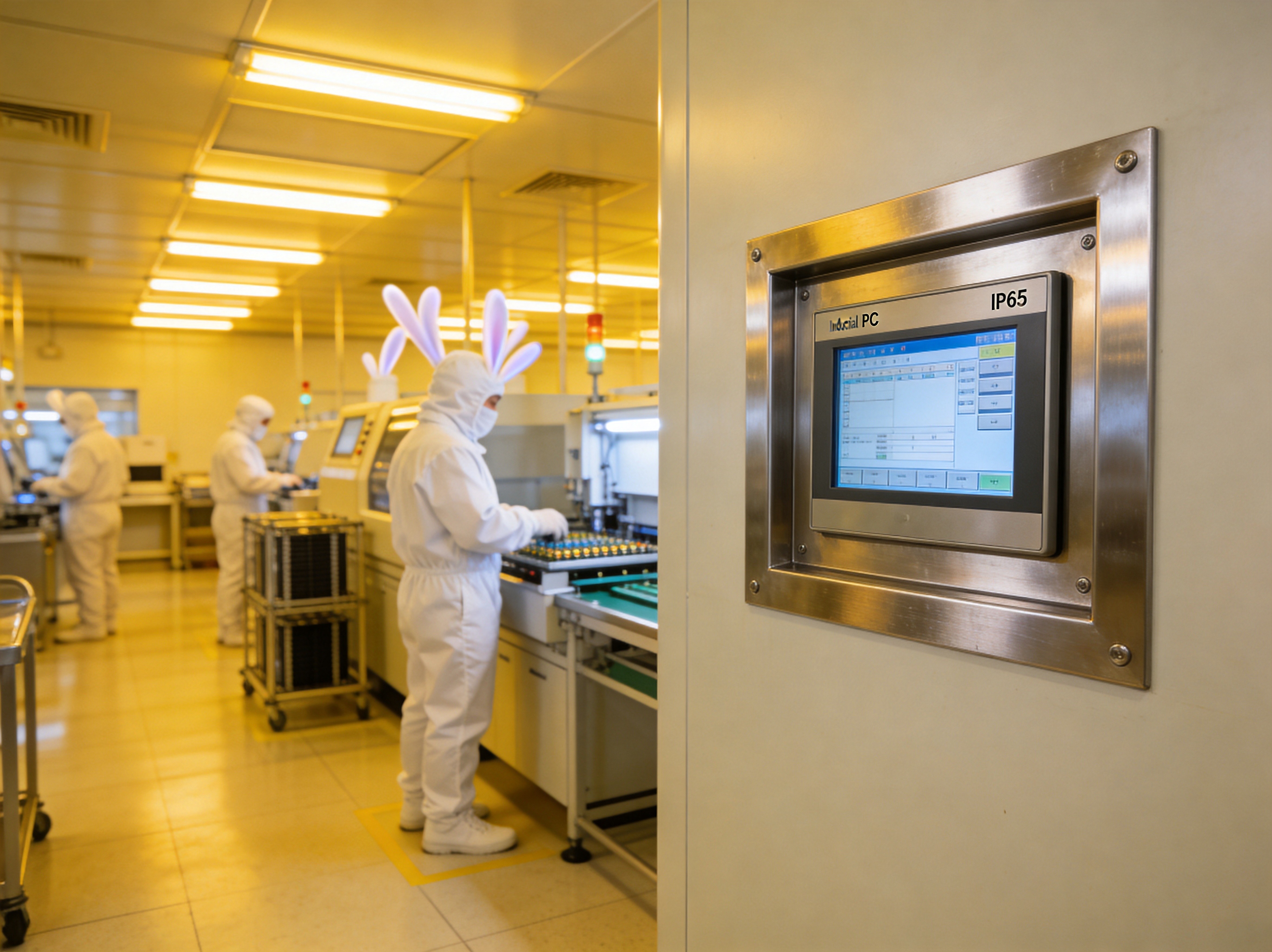 Industrial panel PC mounted on advanced packaging equipment in a semiconductor facility, showing chiplet integration and hybrid bonding process visualization