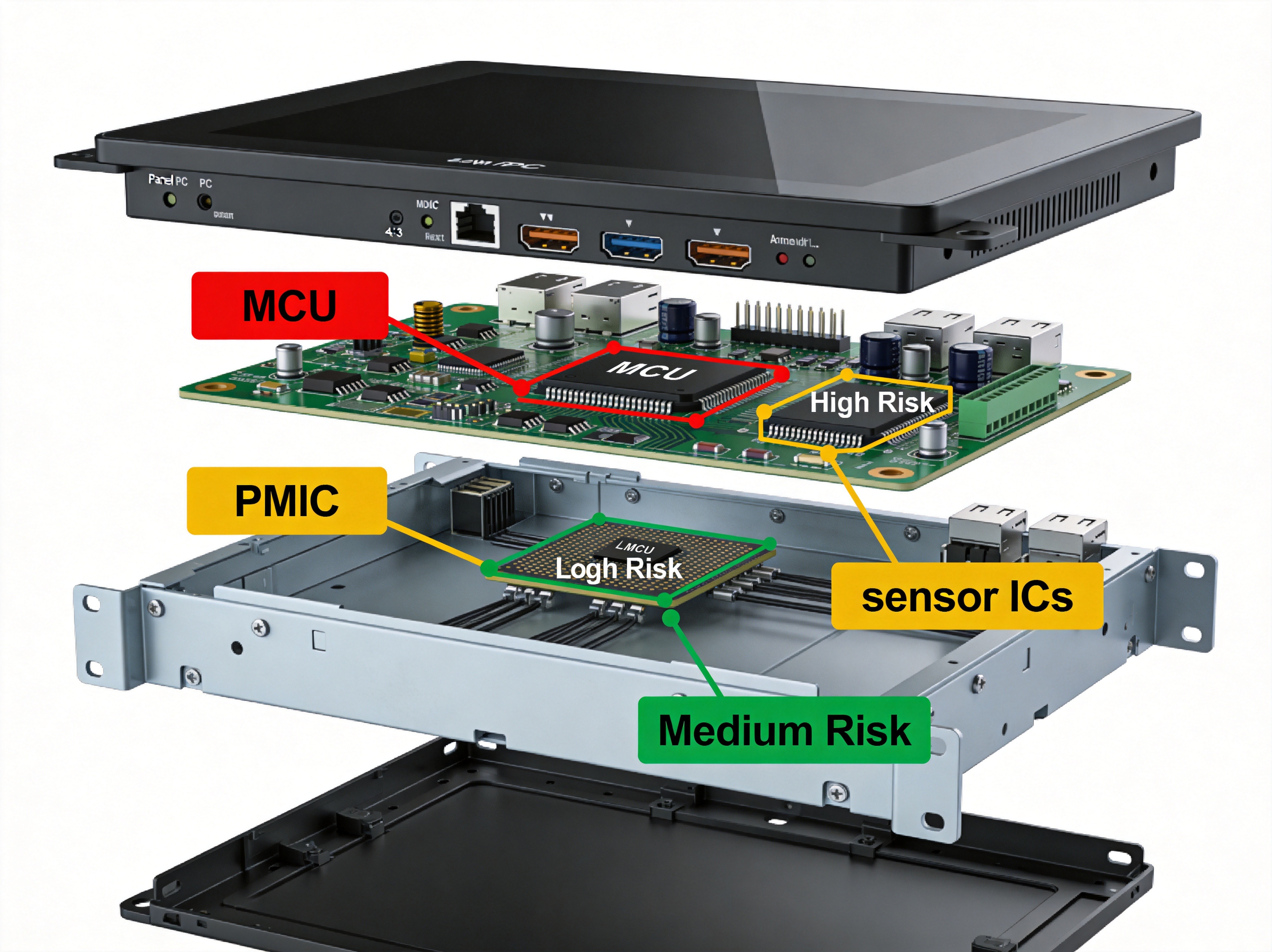 Supply chain visualization showing semiconductor wafer fab capacity allocation between AI infrastructure chips and industrial MCU/PMIC components with lead time comparison chart