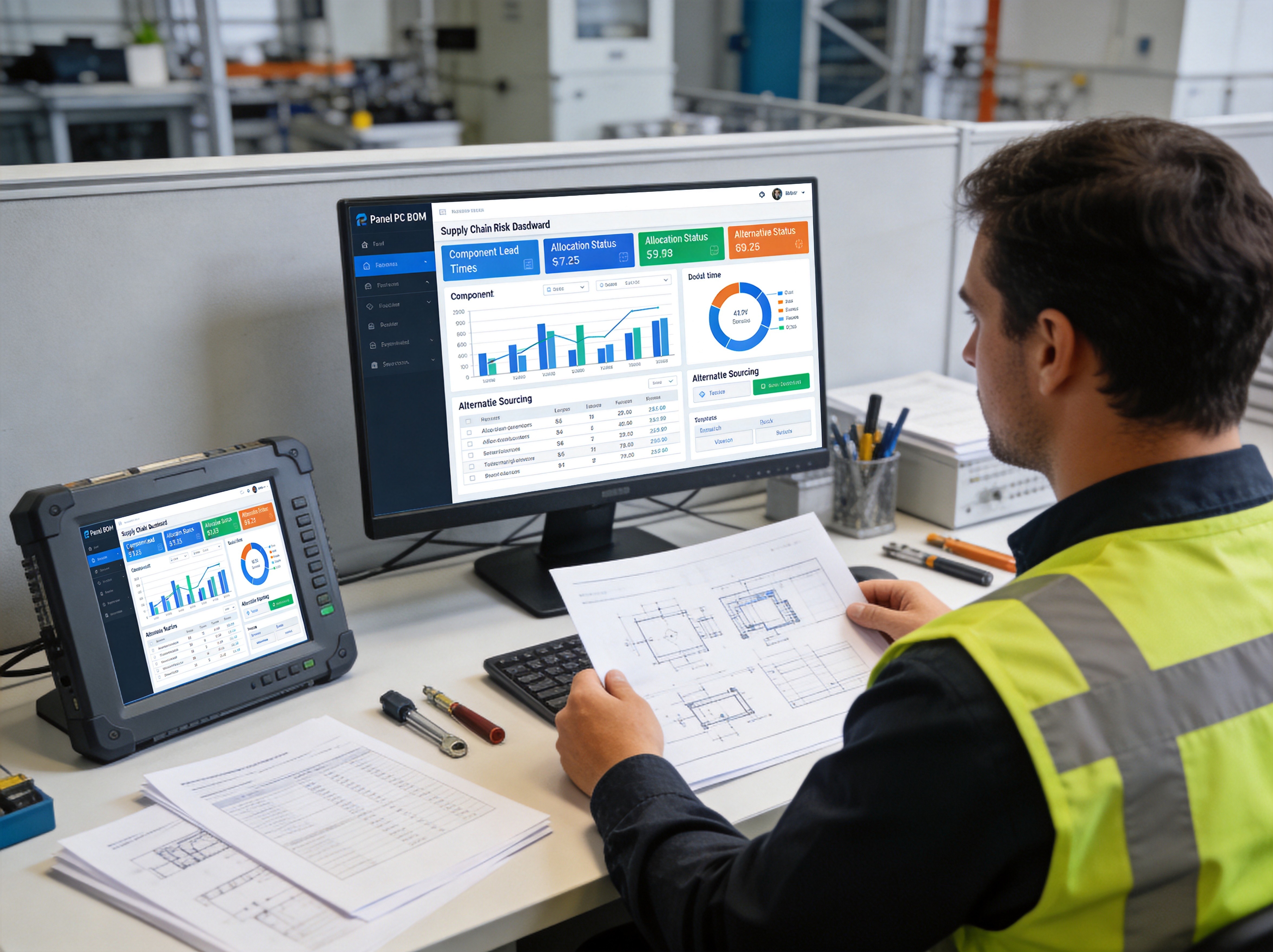 Industrial engineer reviewing panel PC BOM documentation with supply chain risk dashboard showing component lead times, allocation status, and alternative sourcing options