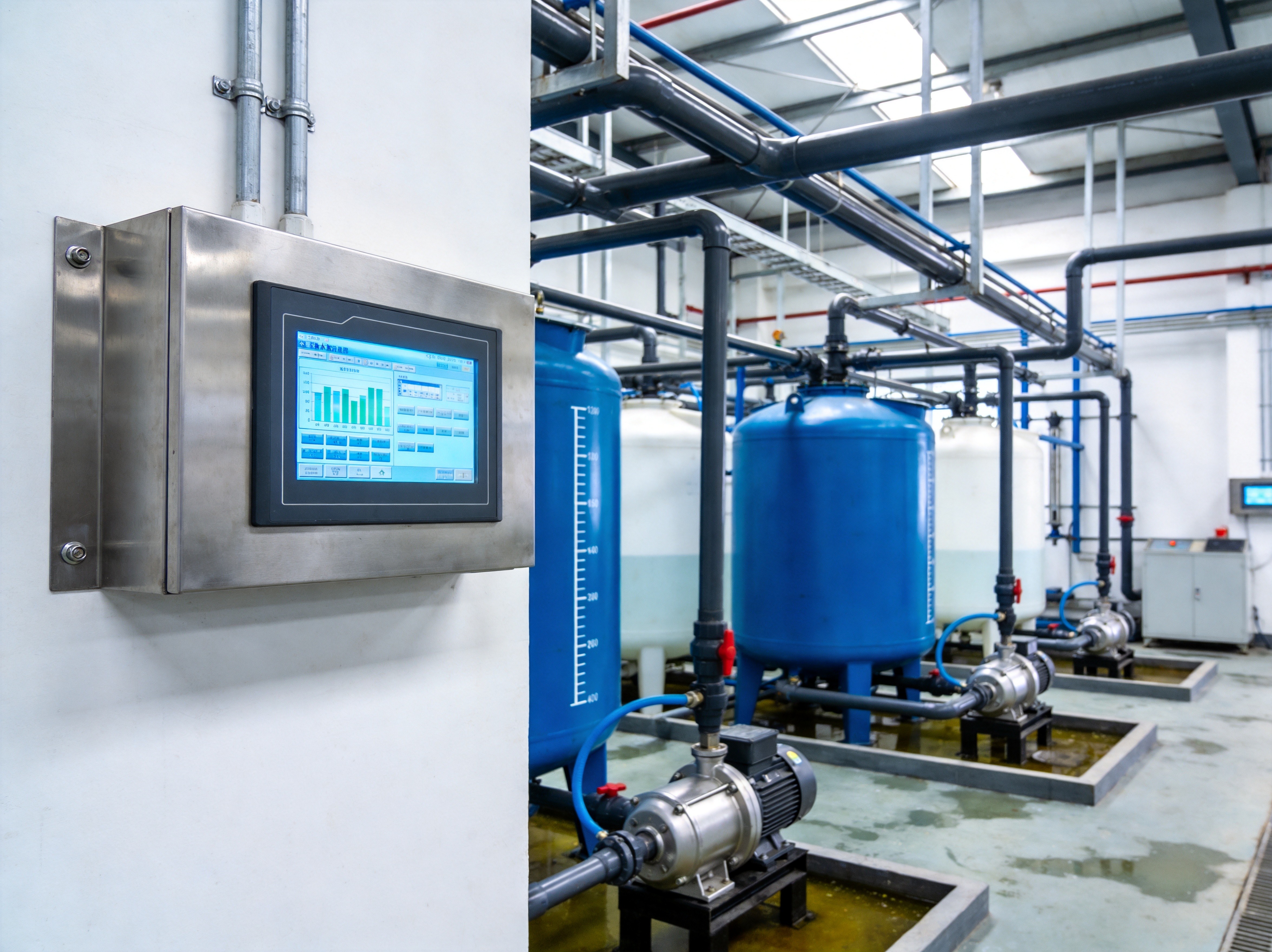 A water treatment plant SCADA control room overview with multiple panel PCs mounted at operator stations, large wall displays showing plant-wide process data, and a network topology diagram overlay