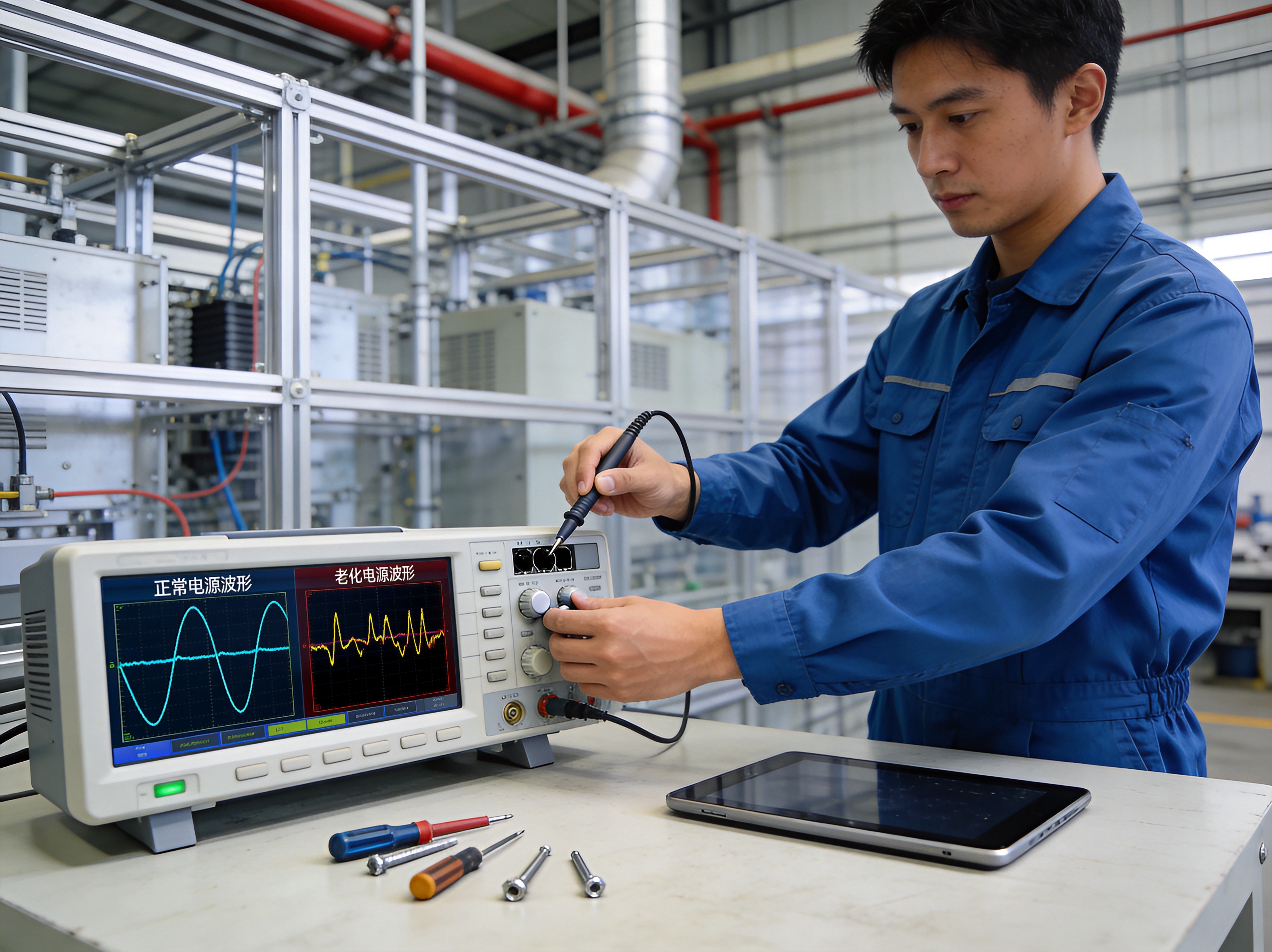 A technician replacing a modular power supply unit on a panel PC mounted on a factory machine, with the old and new power supply modules visible side by side, showing the quick-swap design
