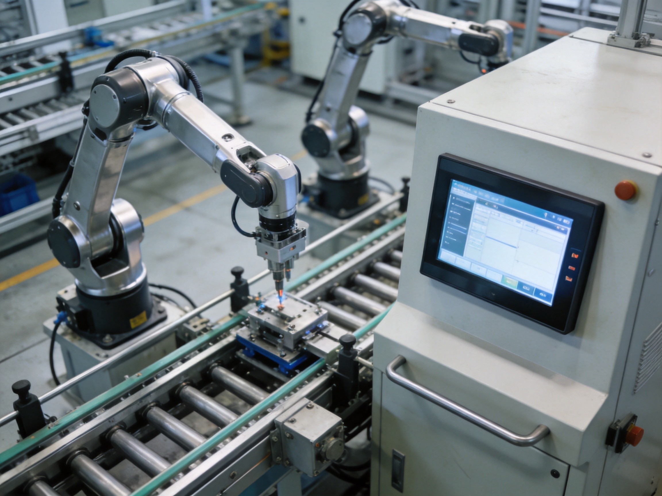 Digital twin visualization of a smart factory with real-time production metrics displayed on a wall-mounted panel PC