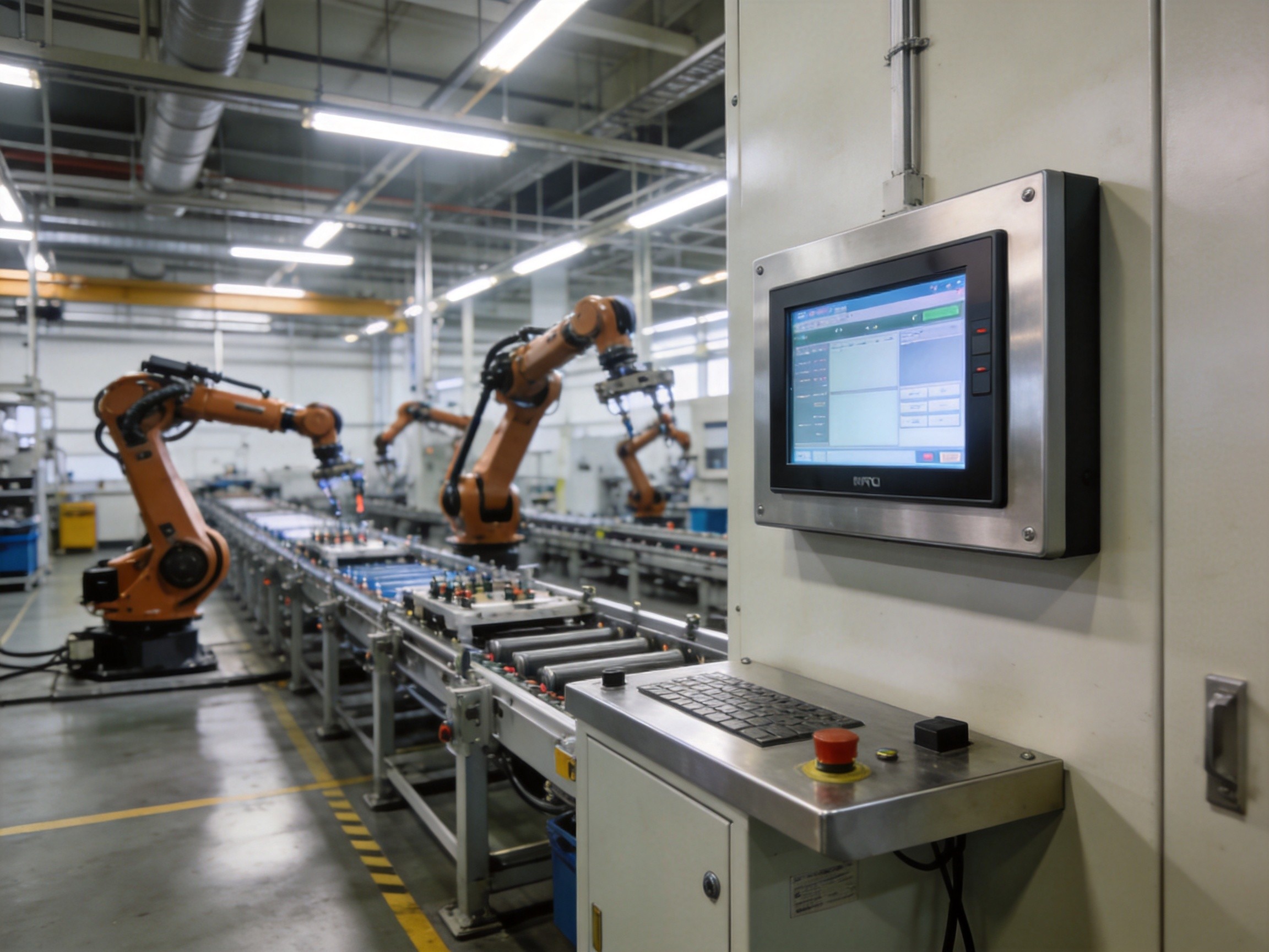 Robotic assembly line in an EV factory with industrial panel PC mounted on a control cabinet