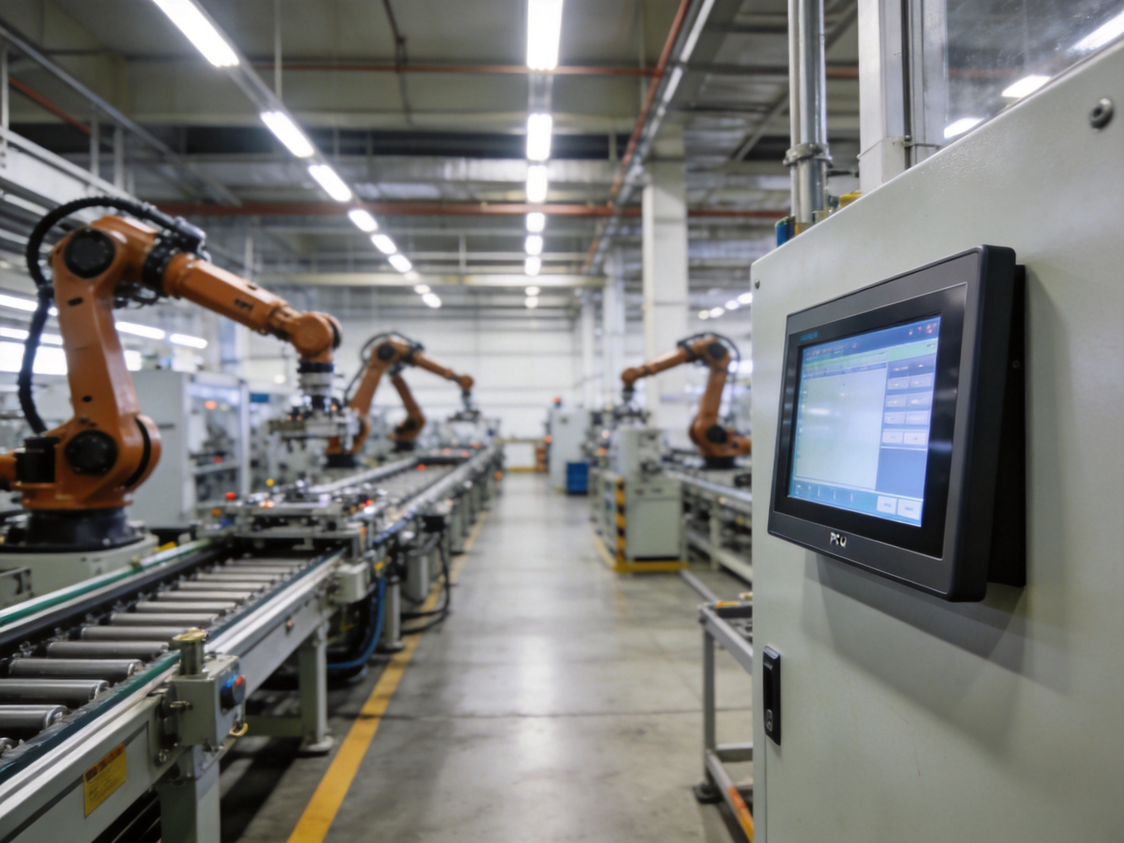 Close-up of an industrial panel PC with touchscreen displaying production analytics in a dimly lit factory