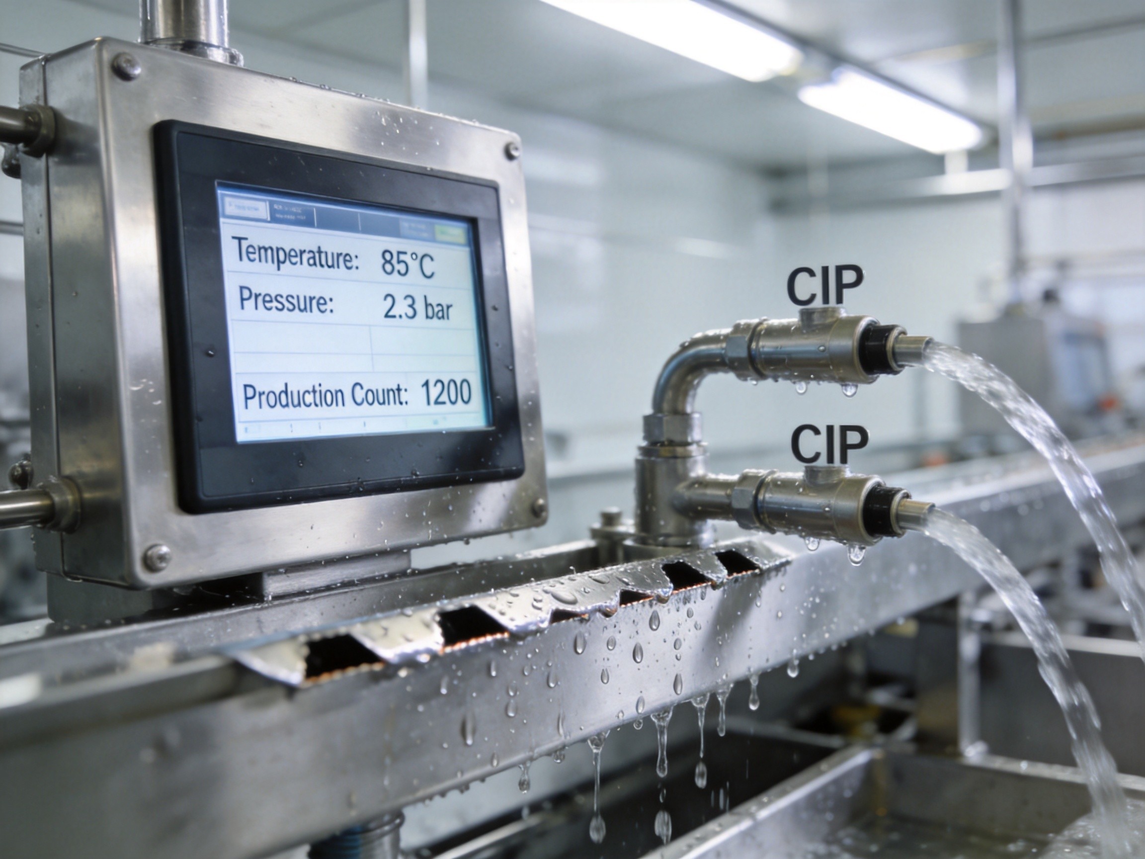 Close-up of a 316L stainless steel panel PC with smooth polished surface in a dairy processing facility