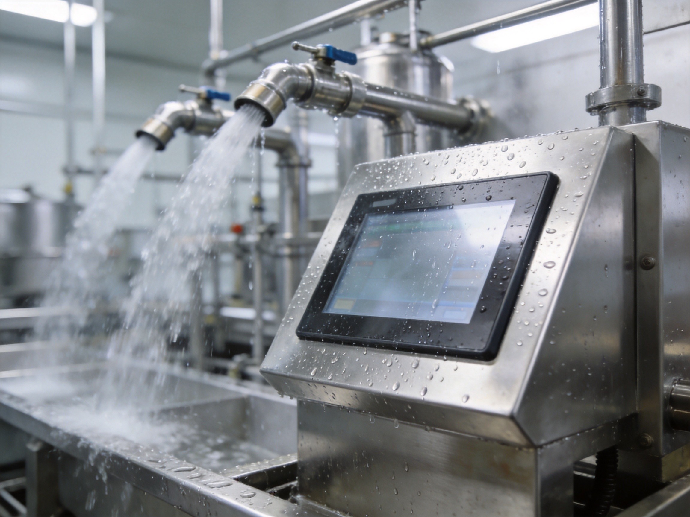 Wall-mounted stainless steel panel PC in a brewery with steam visible from SIP cleaning cycle