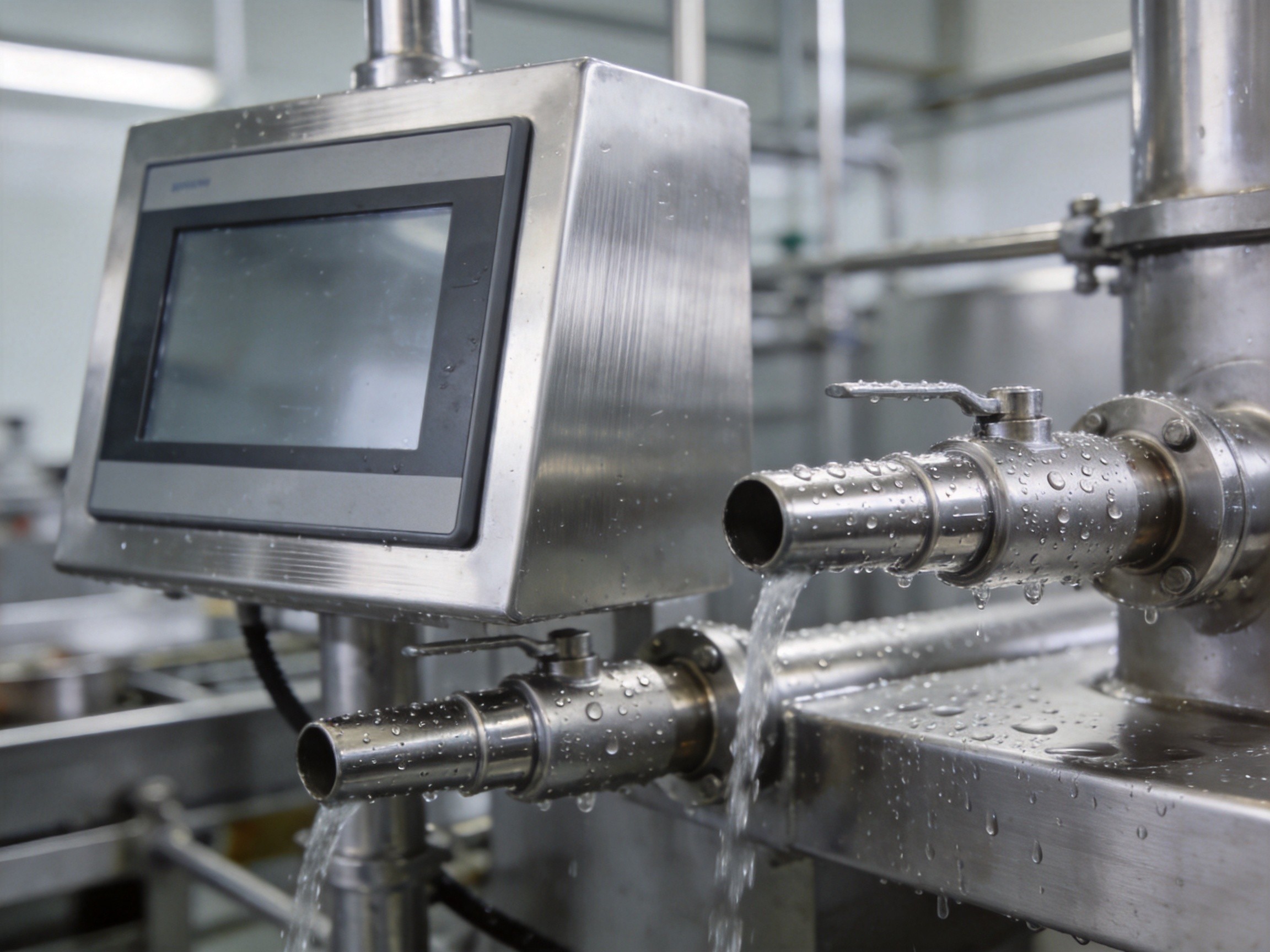 Operator using a touchscreen panel PC with gloved hands in a food packaging line