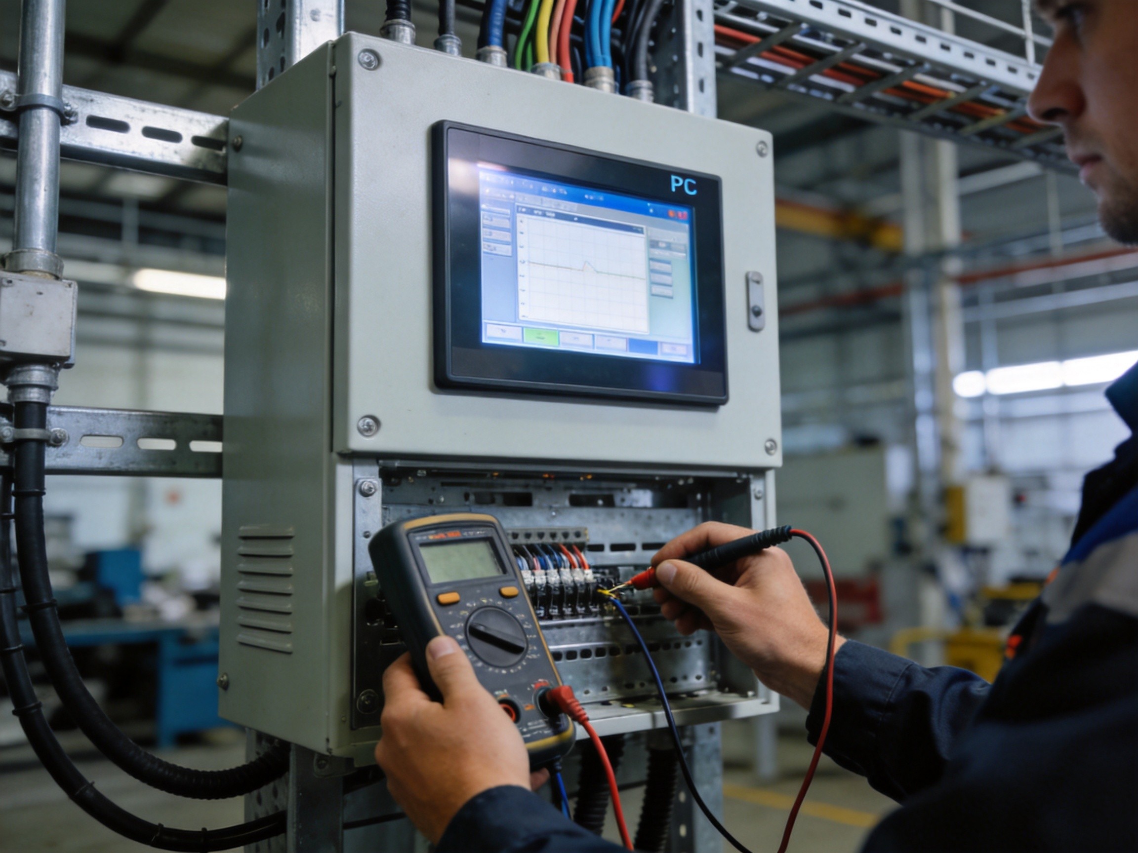 Technician using a multimeter to measure ground potential difference between a panel PC chassis and mounting arm