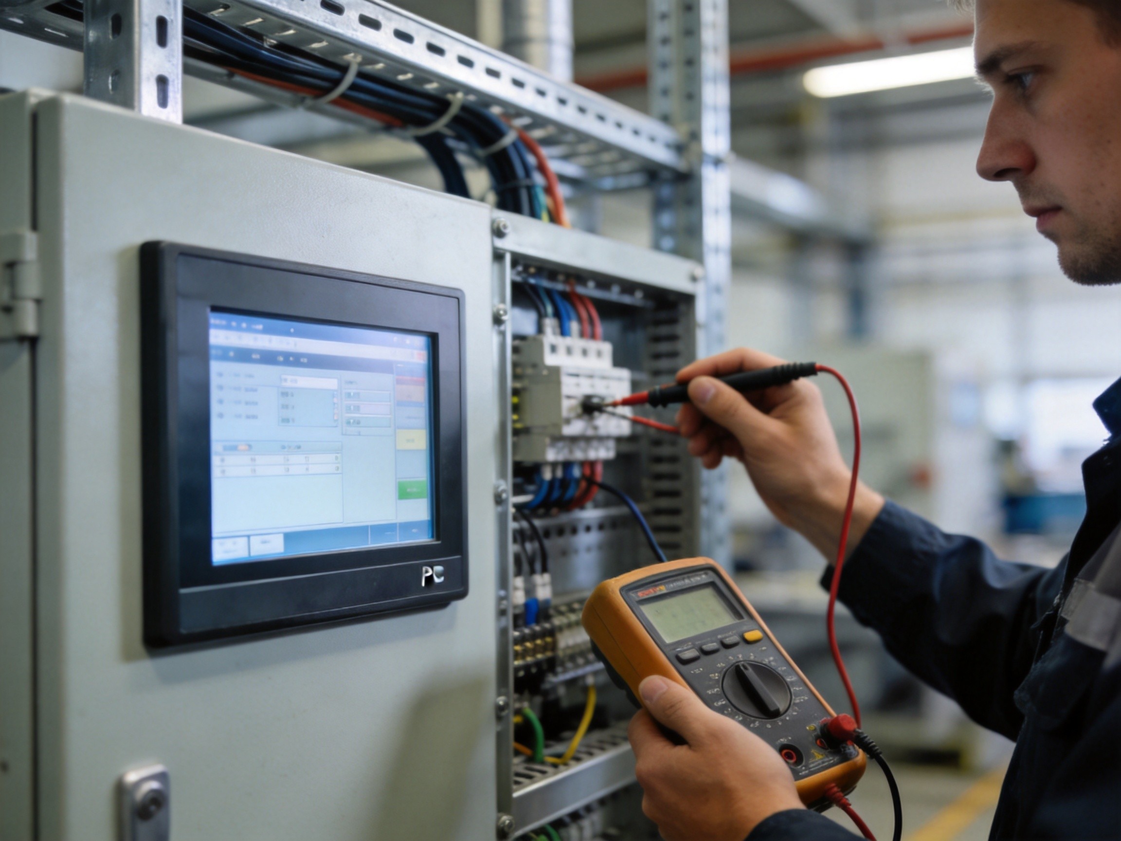 Industrial panel PC with dedicated grounding conductor connected to a common ground bus in a control cabinet