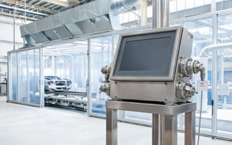Industrial Panel PC Manufacturers in Coating Line Retrofits Sealed enclosure from industrial panel pc manufacturers mounted beside an automotive coating booth conveyor