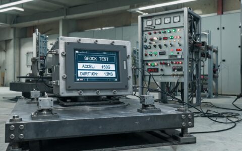 rugged touch screen pc on an electrodynamic shock test table in an industrial laboratory