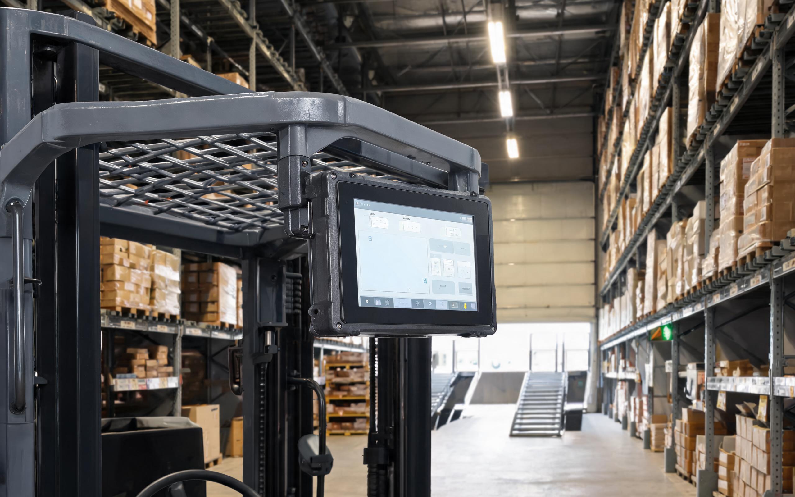 Forklift-Mounted Rugged Touch Screen PC at a Warehouse Dock rugged touch screen pc mounted on a forklift overhead guard in a warehouse dock area