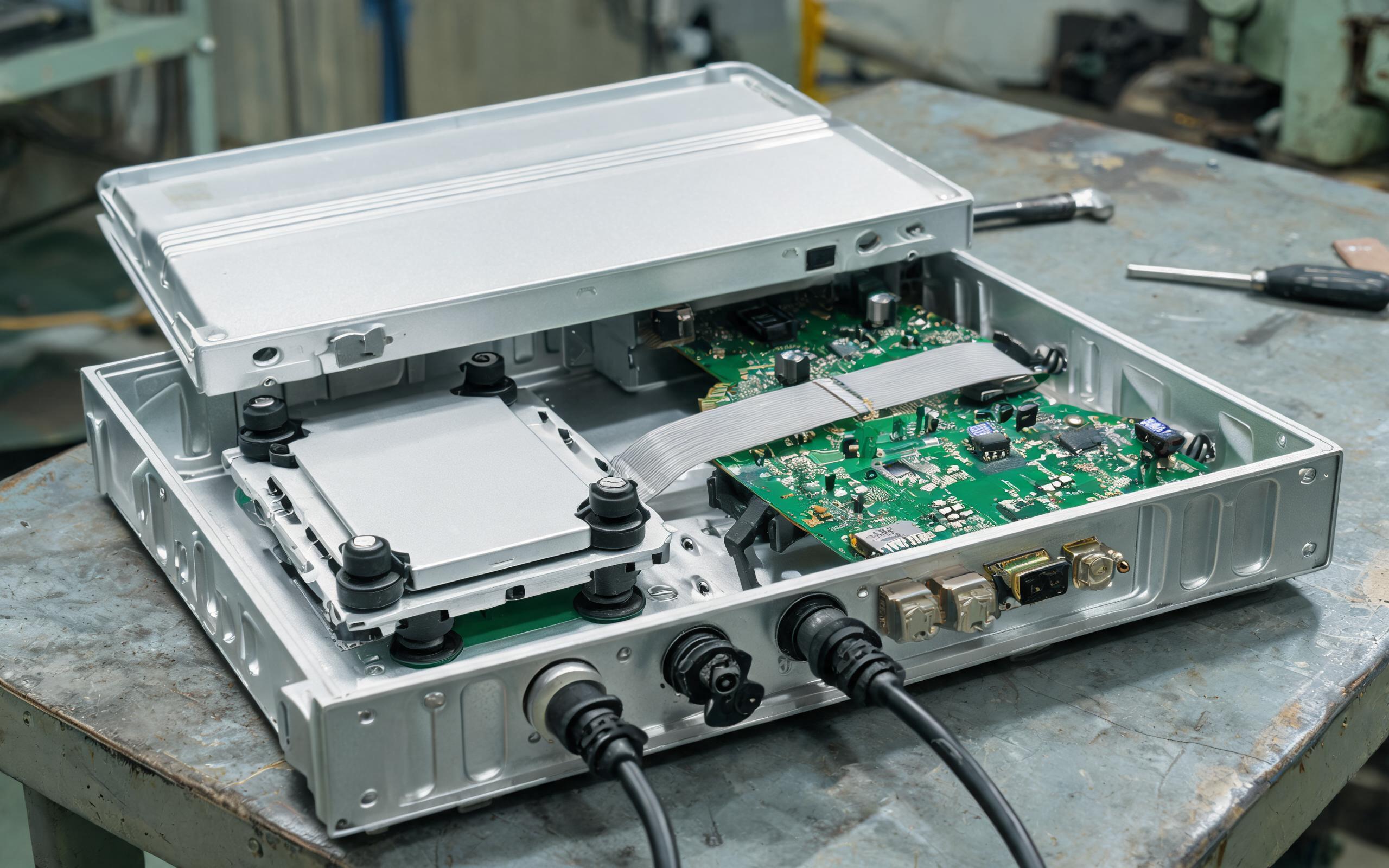Shock-Resistant Internal Design of a Rugged Touch Screen PC internal chassis of a rugged touch screen pc showing damped storage and locking connectors