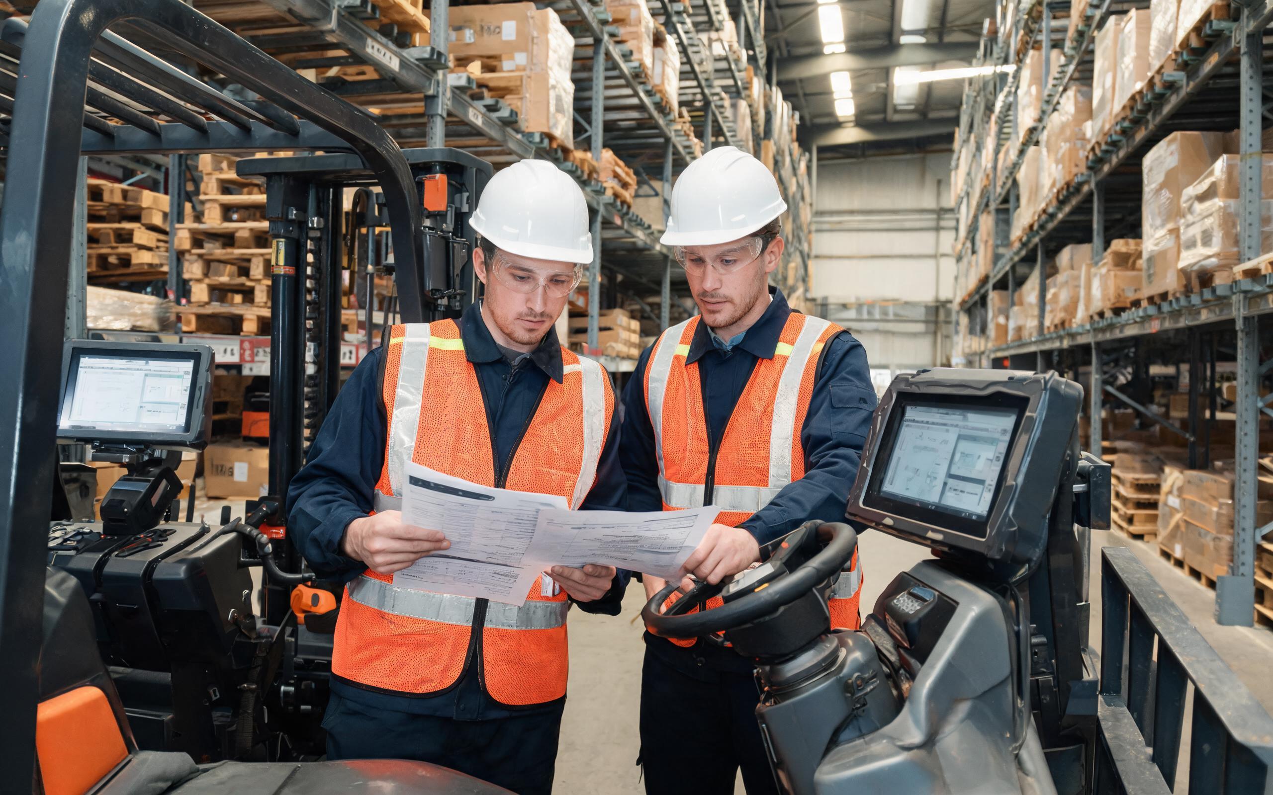 Evaluating Shock Test Reports for Vehicle-Mounted Terminals engineers reviewing test documentation beside a rugged touch screen pc on a forklift