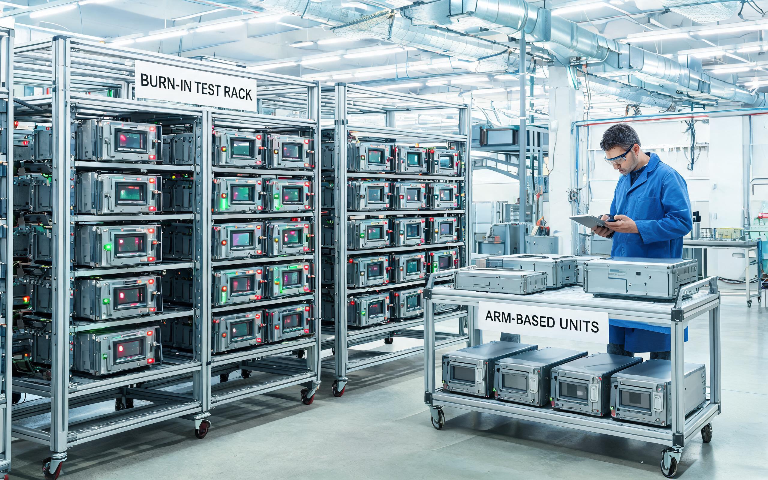 Burn-In Testing of Sealed Panel PCs industrial panel pc ip65 units during burn-in testing on a production line