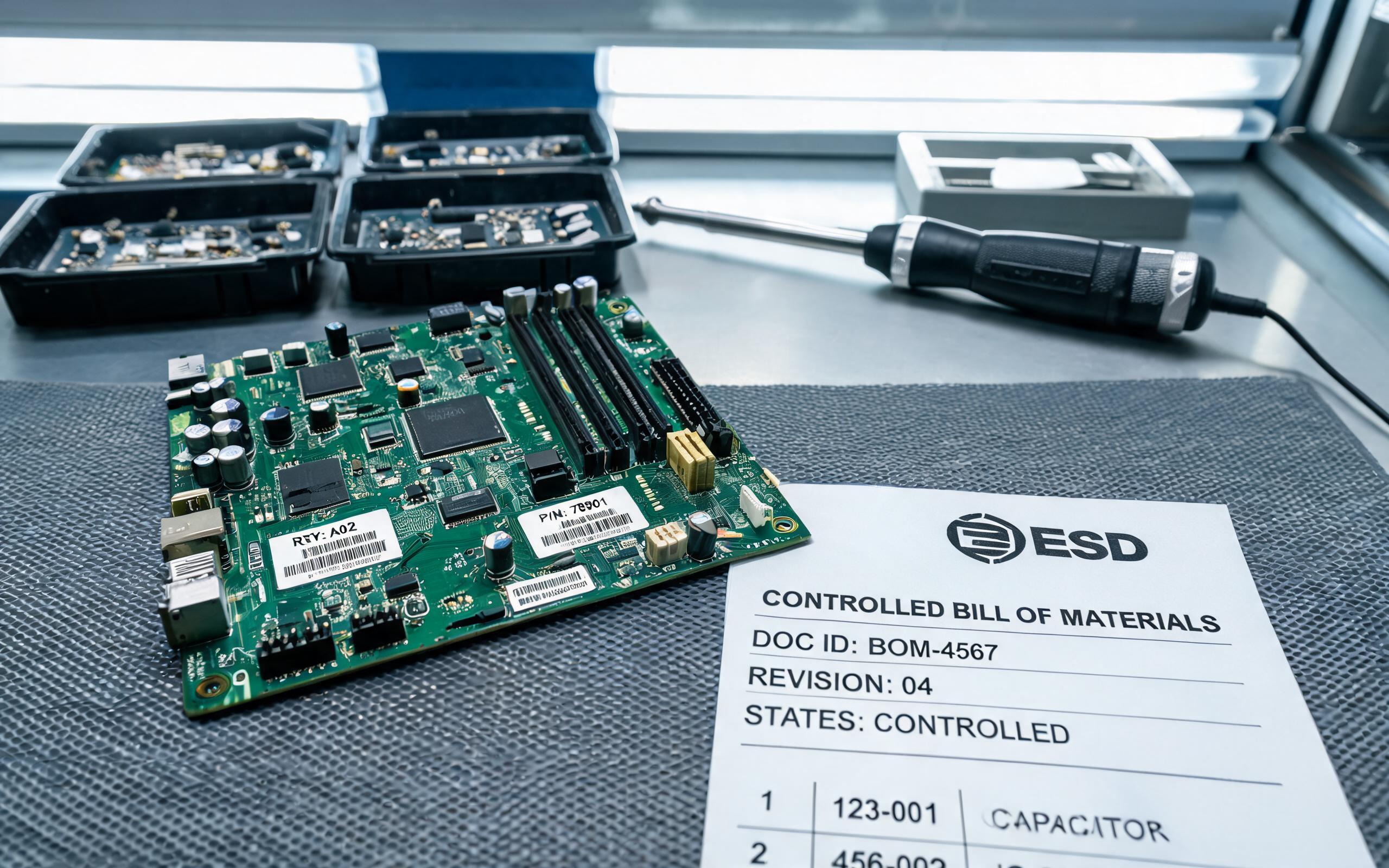 Revision-Controlled Motherboard and BOM Documentation locked bill of materials and revision barcode labels on an industrial computer motherboard at an ESD assembly station