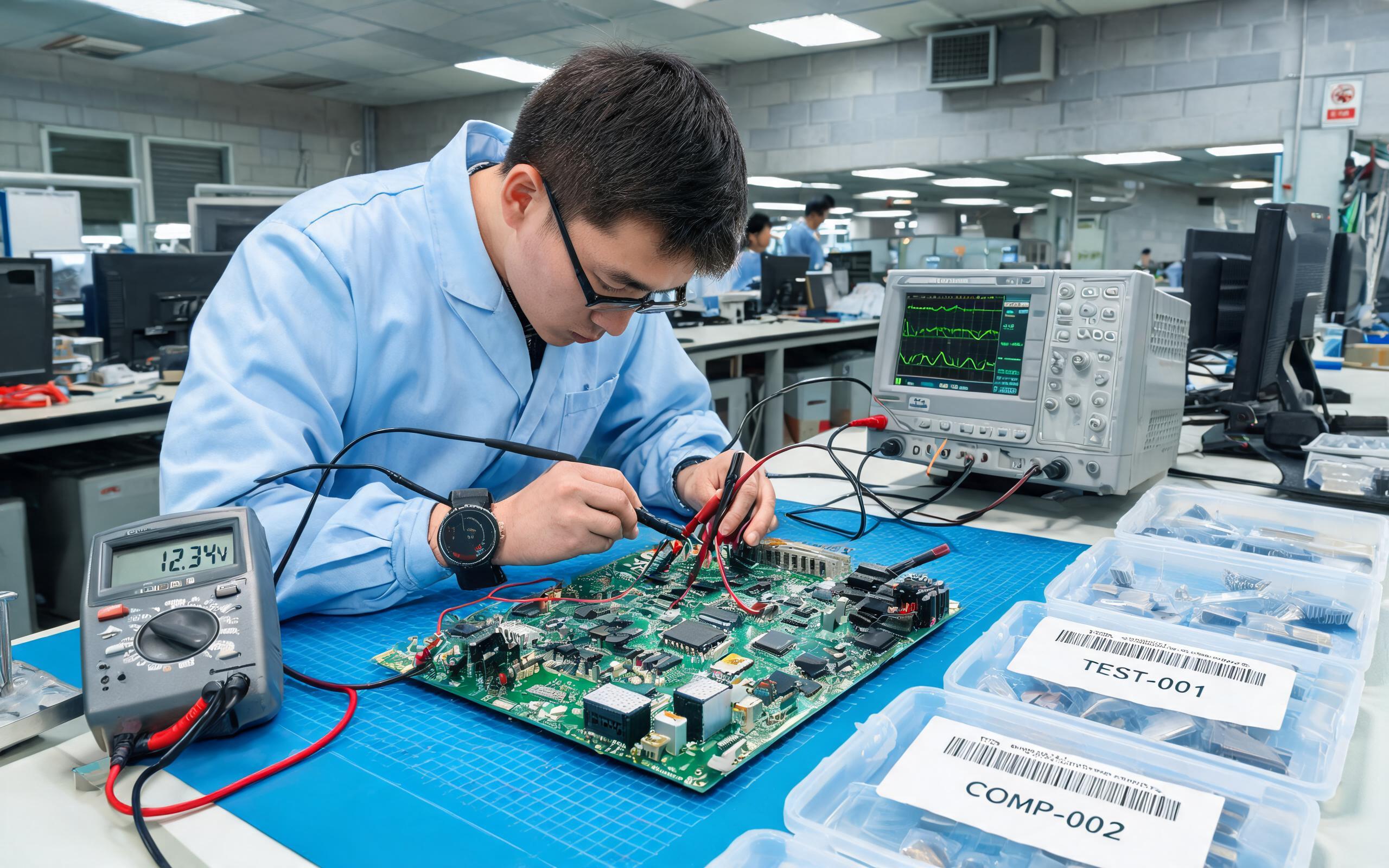 Second-Source Component Qualification on a Test Bench technician qualifying second source components for an embedded industrial pc on an electronics test bench