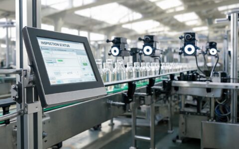 industrial panel pc running edge AI vision inference beside a conveyor inspection station