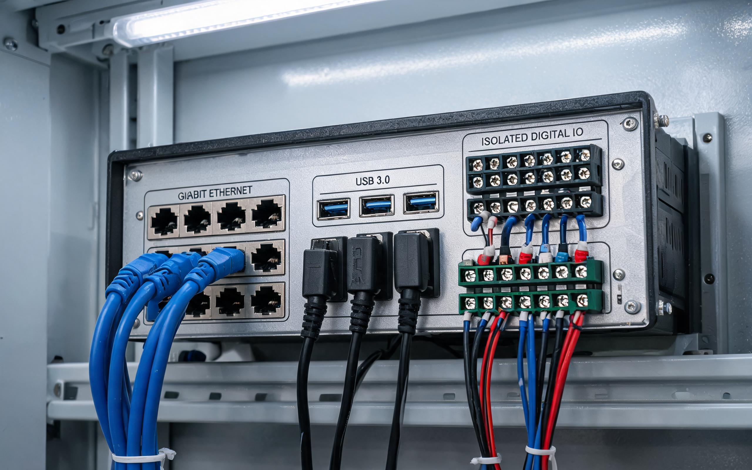 Camera Interfaces on an Embedded Panel PC embedded panel pc camera and sensor interfaces with PoE Ethernet and isolated I/O
