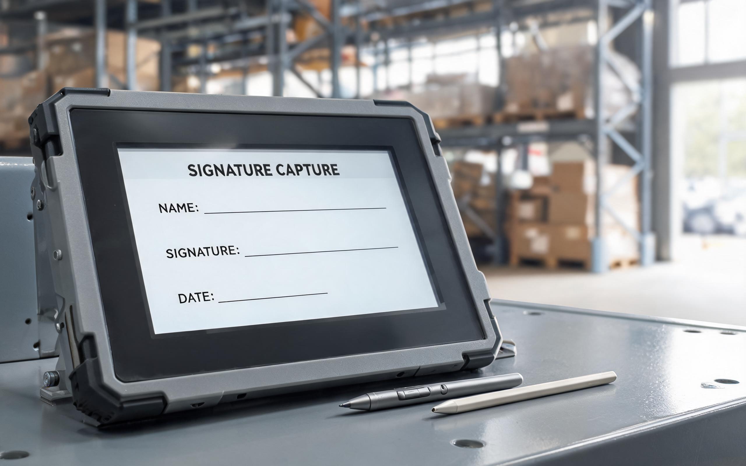 Stylus Designs for Precision Input Tasks active and passive stylus beside an industrial touch screen showing a signature capture interface