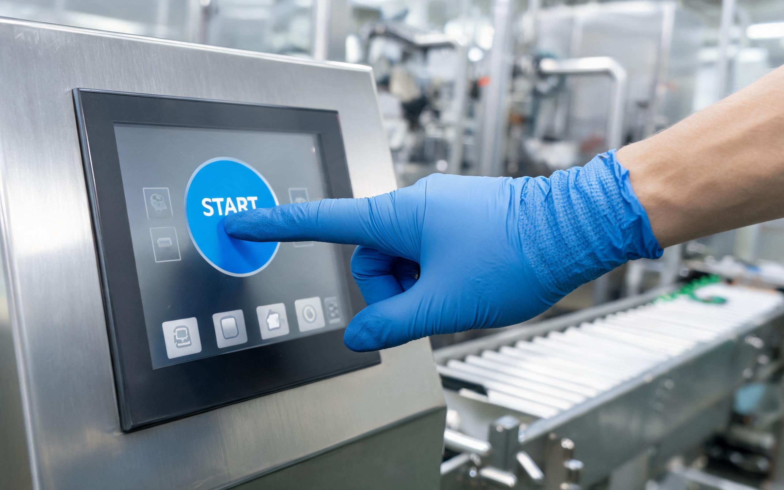 Gloved Finger Input on the Line gloved operator hand tapping a large button on an industrial panel mount touch screen at a production line