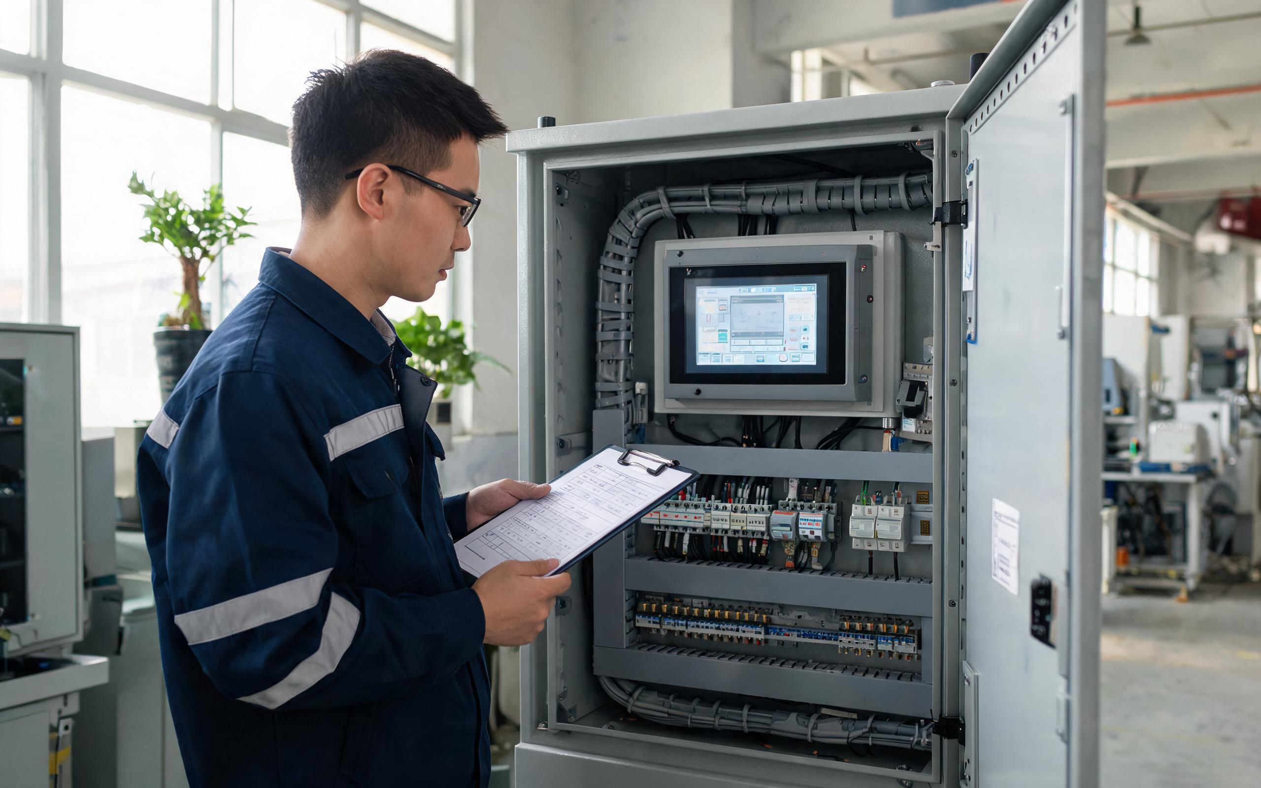 Specifying Touch Input Before Purchase engineer reviewing a specification datasheet beside a panel mount touch screen in a control cabinet cutout