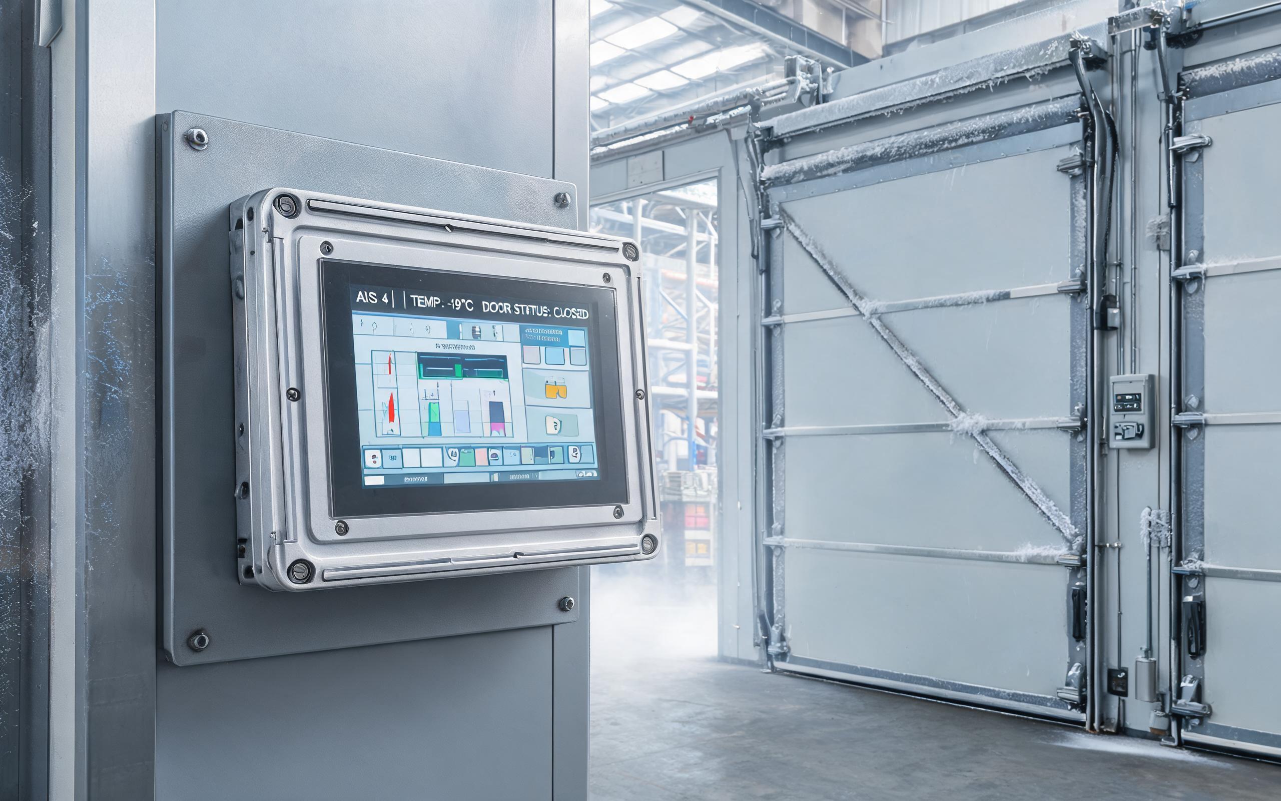 Freezer-rated rugged display hardware Rugged touch screen display with strengthened glass panel mounted in a freezer aisle