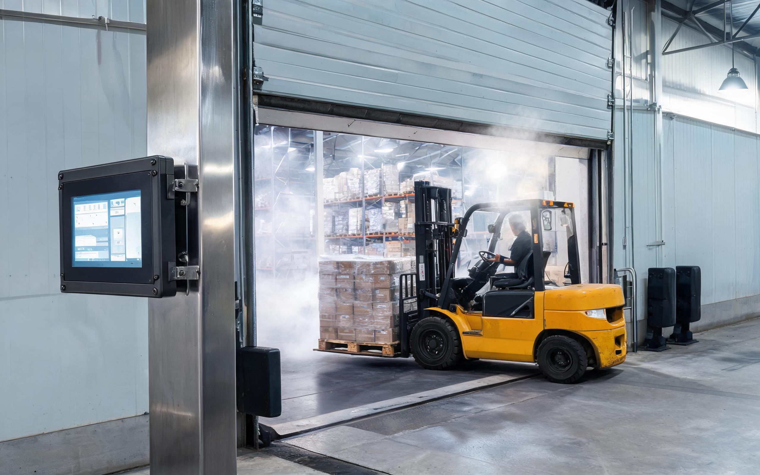 Transition zone display installation Rugged touch screen display installed beside a cold chain loading dock door