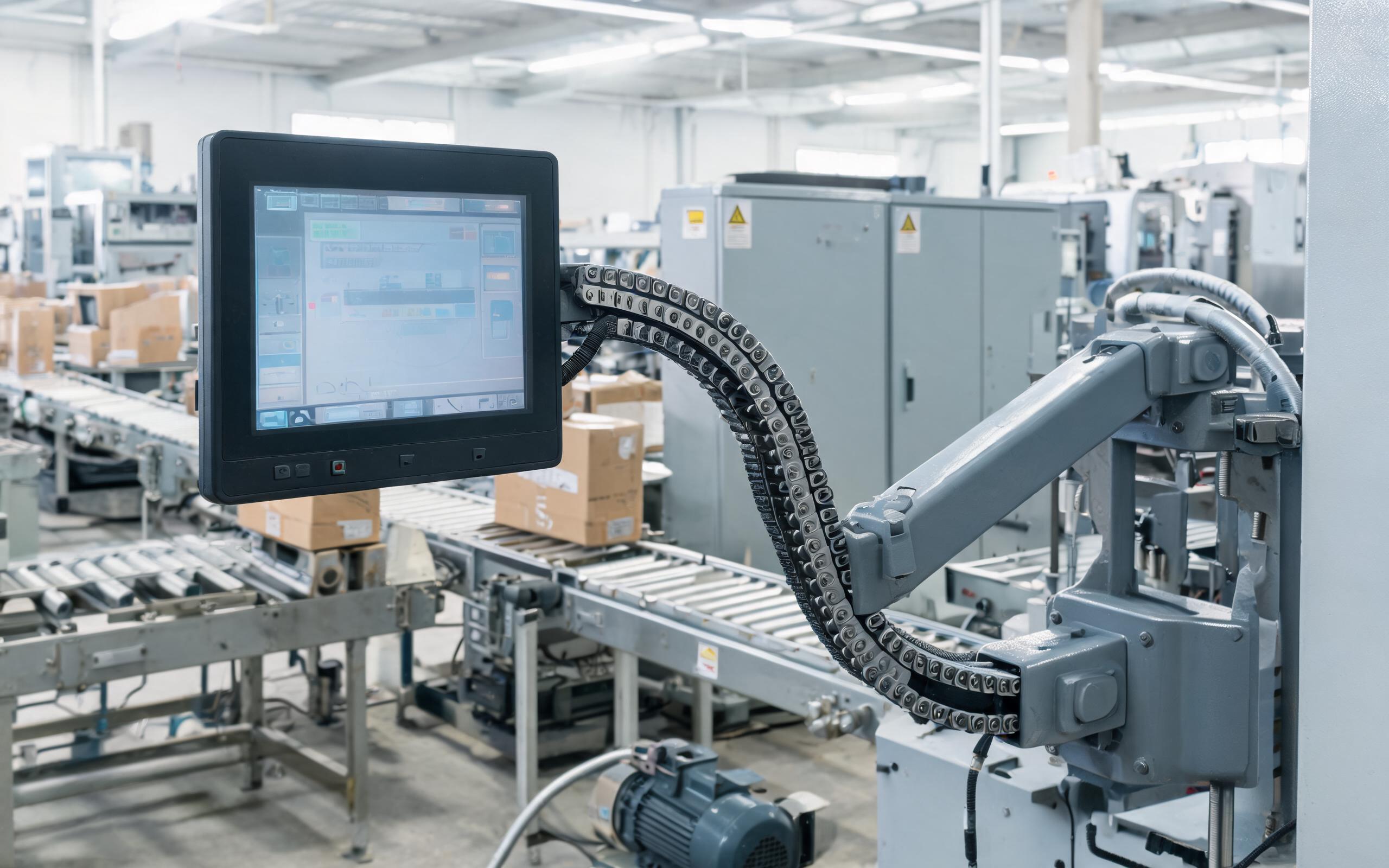Cable routing near drive cabinets on a packaging line industrial touchscreen monitor on swing arm with routed display cable