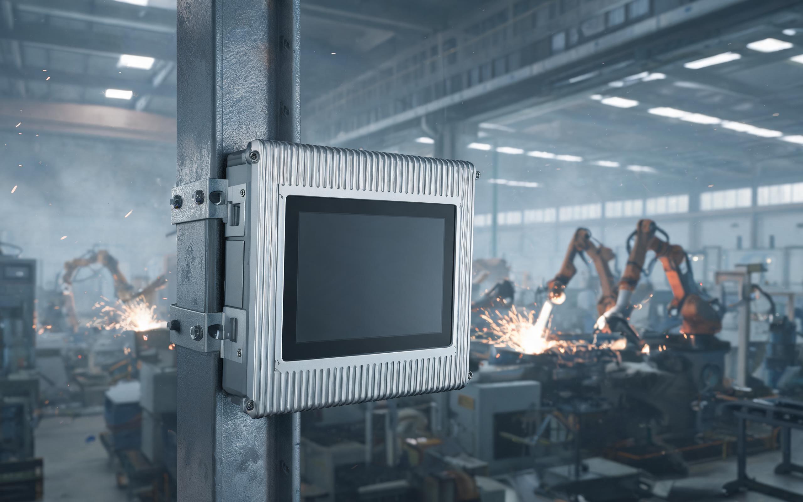 Sealed Fanless Housing Near a Weld Cell fanless industrial panel pc with sealed finned aluminum housing near weld cell