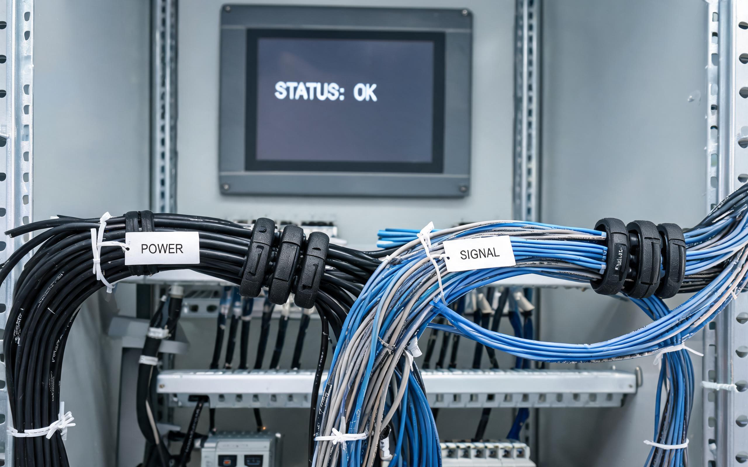 Ferrite Suppression Components on Industrial Cabling ferrite cores and shielded cable routing inside industrial control cabinet