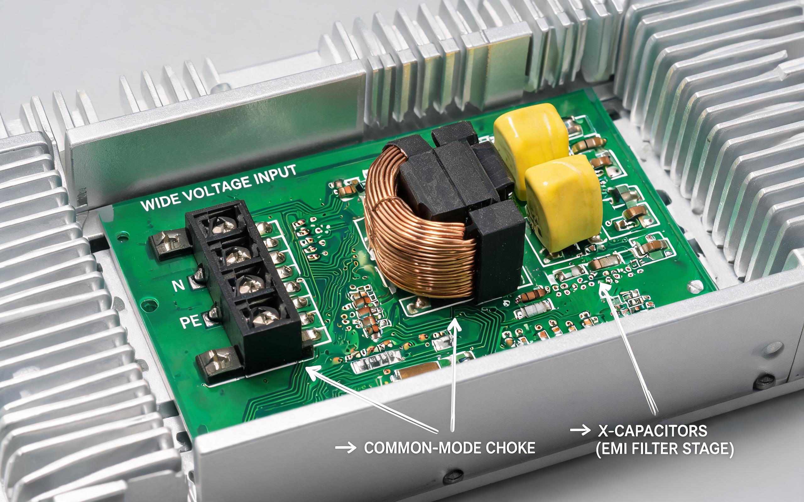Power Input Filtering Circuit in Industrial Touch Screen Monitor EMI filter components on industrial pc touch screen monitor power input board