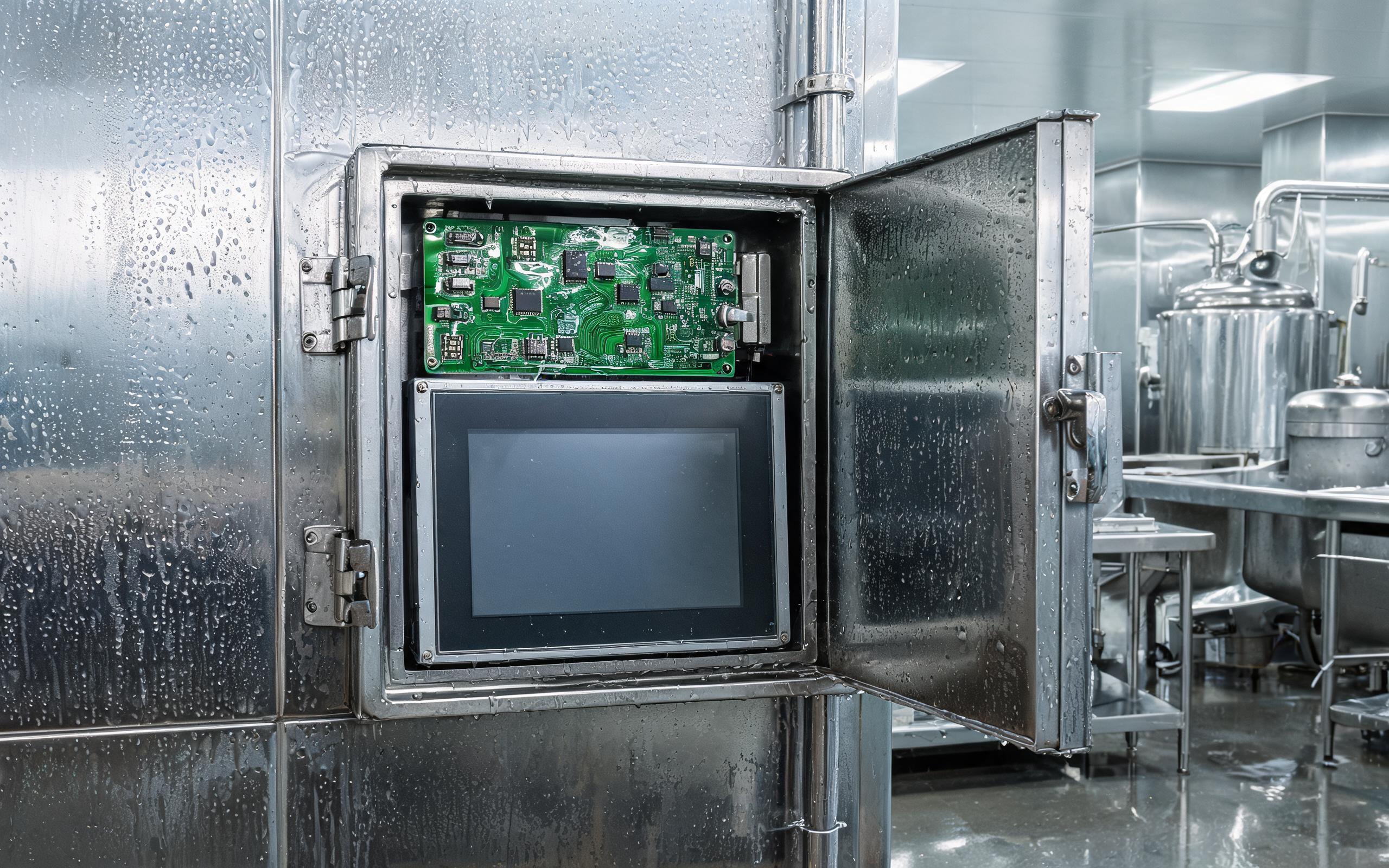 Fanless Panel PC with Coated PCB in Washdown Environment fanless panel pc with conformal coating industrial PCB in food processing washdown area