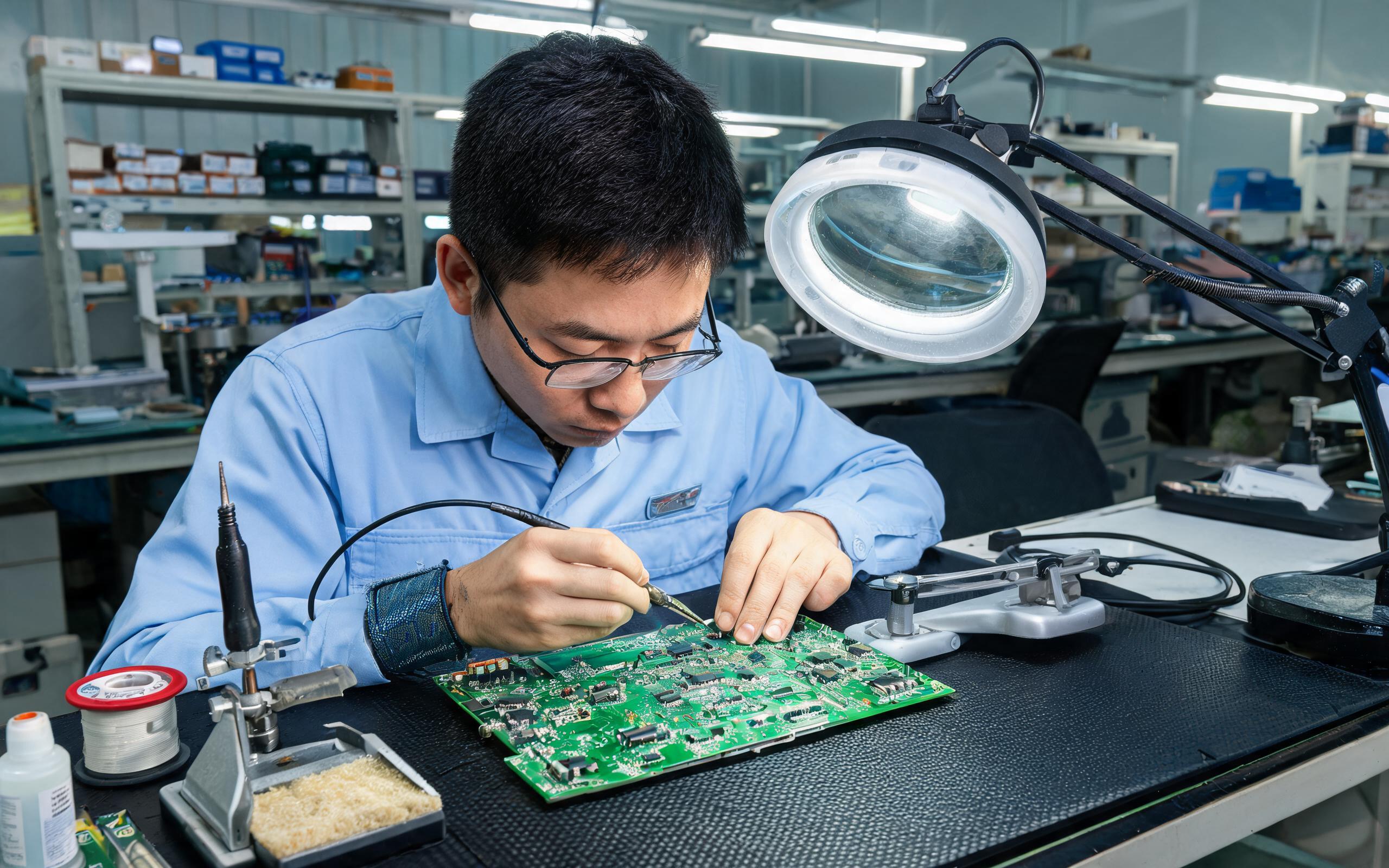 Conformal Coating Rework on Industrial PCB conformal coating rework on industrial PCB at electronics repair workstation