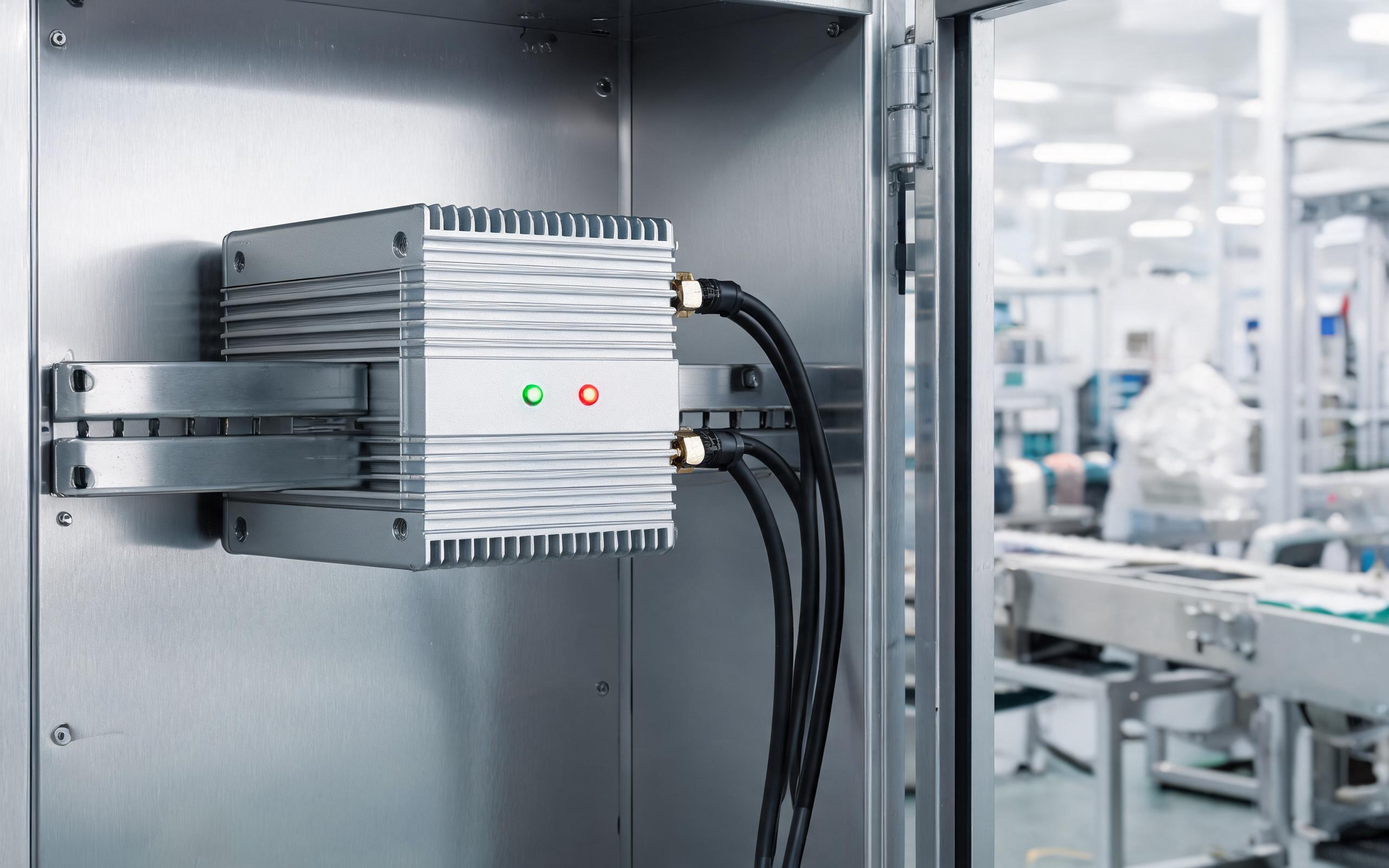 Fanless Chassis in Motion Control Cabinet fanless industrial PC chassis with cooling fins in a motion control cabinet