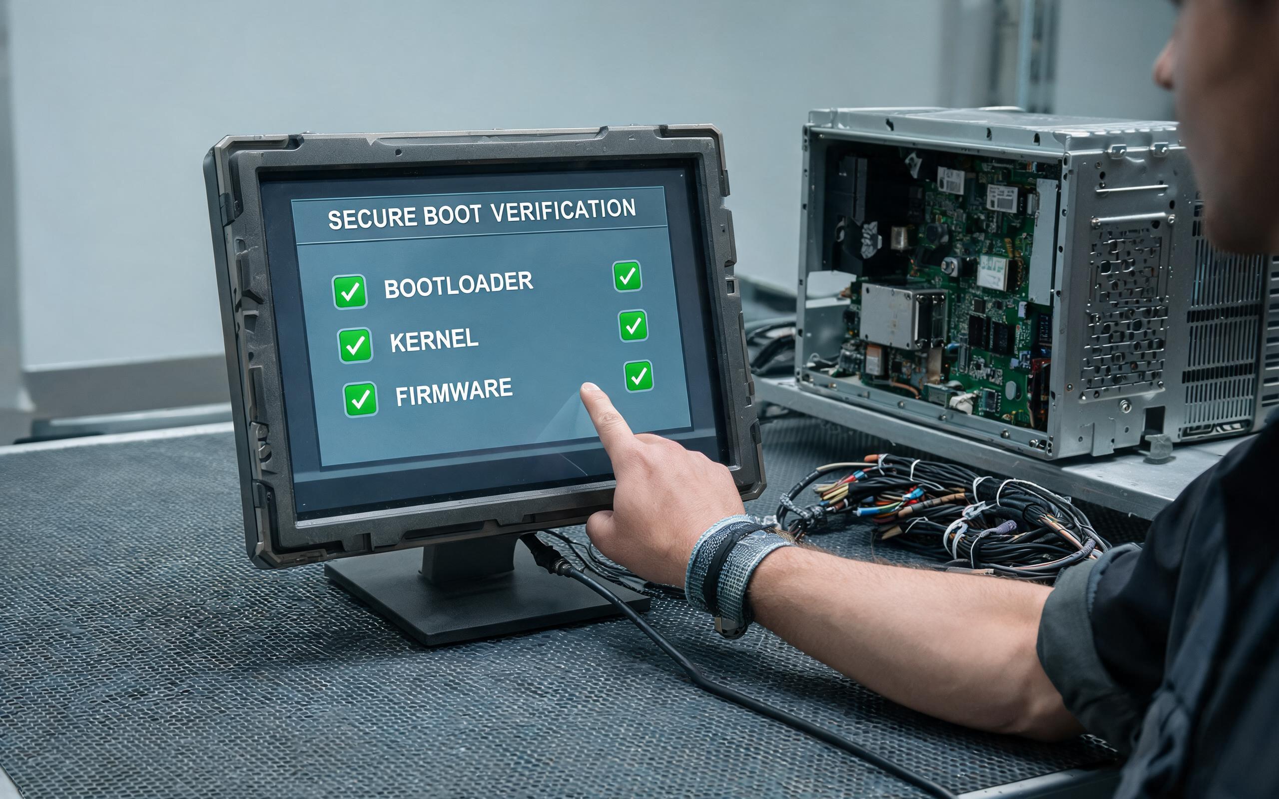 signed firmware secure boot chain review on an industrial display at an integration bench