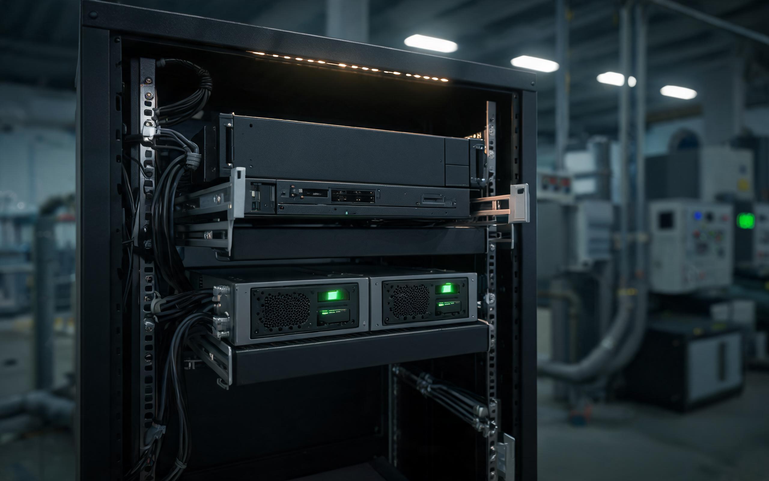Redundant Power Bay in Factory Control Rack rackmount industrial pc with redundant hot swap power bays in a 24/7 factory control room cabinet