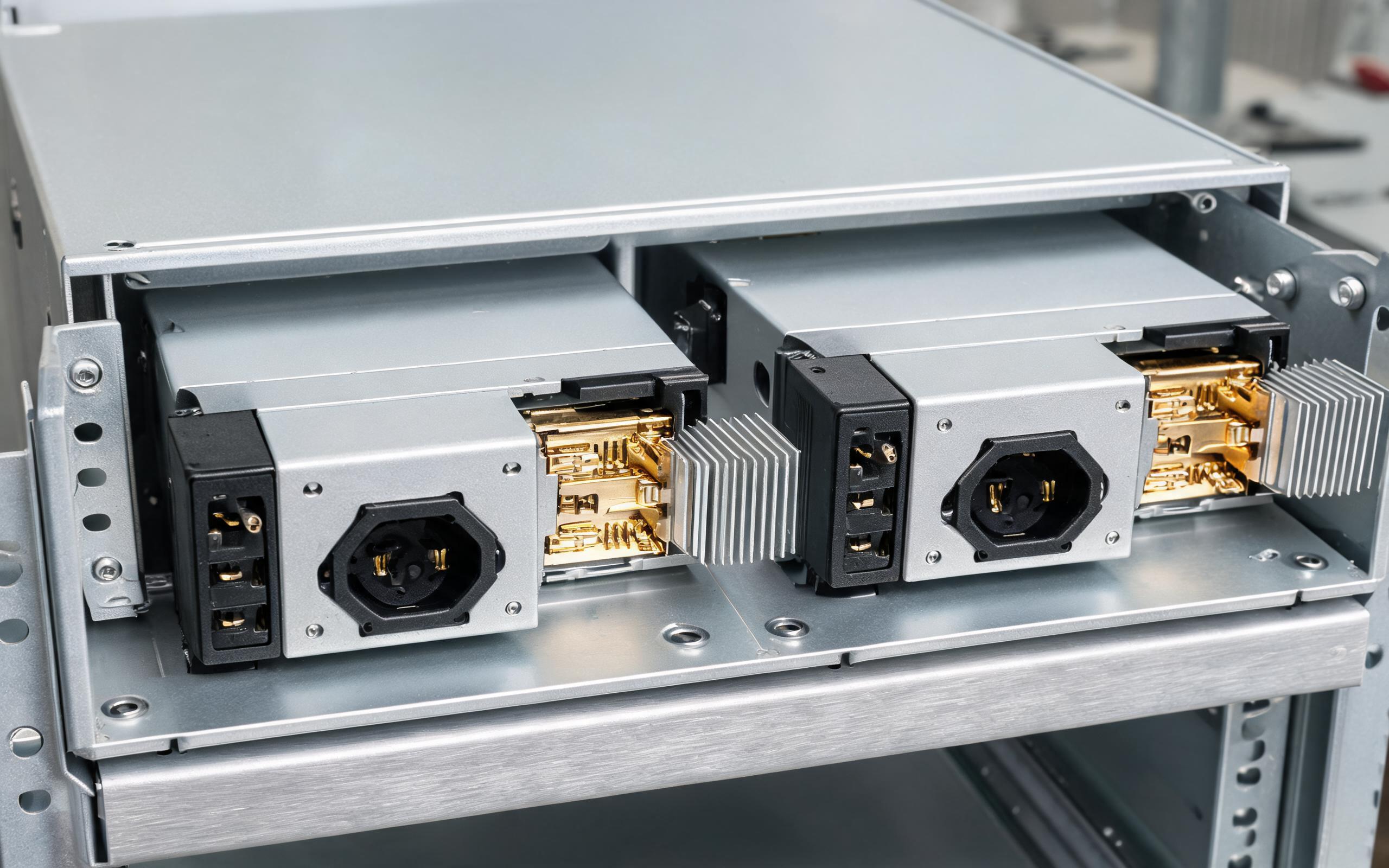 1+1 CRPS Module Pair in Power Bay close-up of 1+1 redundant CRPS modules sharing current in a rackmount industrial pc bay