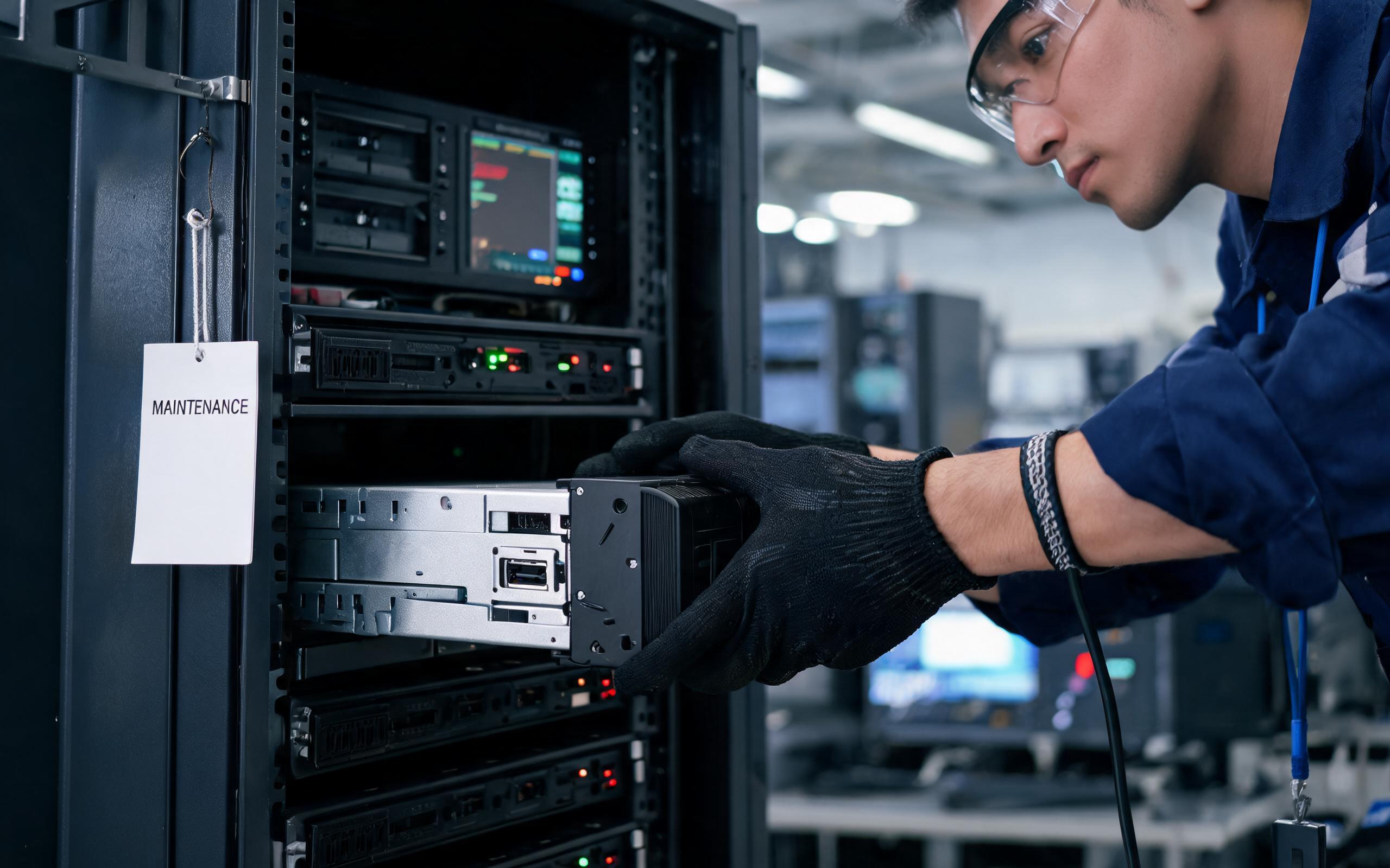 Live Hot Swap of Power Module engineer hot swapping a power module in a rackmount industrial pc during live line operation