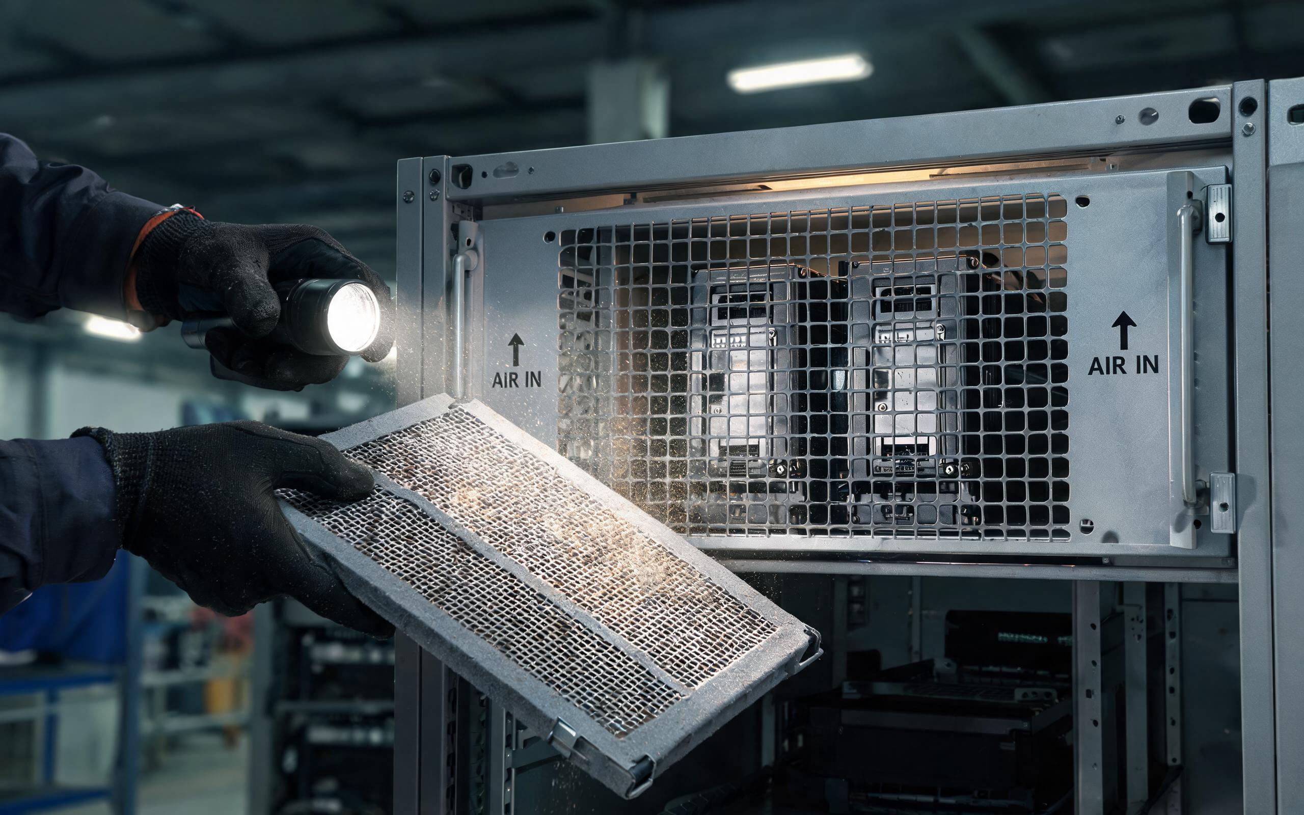 Cabinet Intake Filter and Airflow Check rackmount industrial pc cabinet intake filter and airflow inspection during quarterly maintenance
