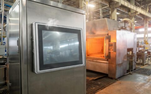 sealed fanless industrial all in one pc panel mounted beside a heat-treat oven on a factory line with warm front glass